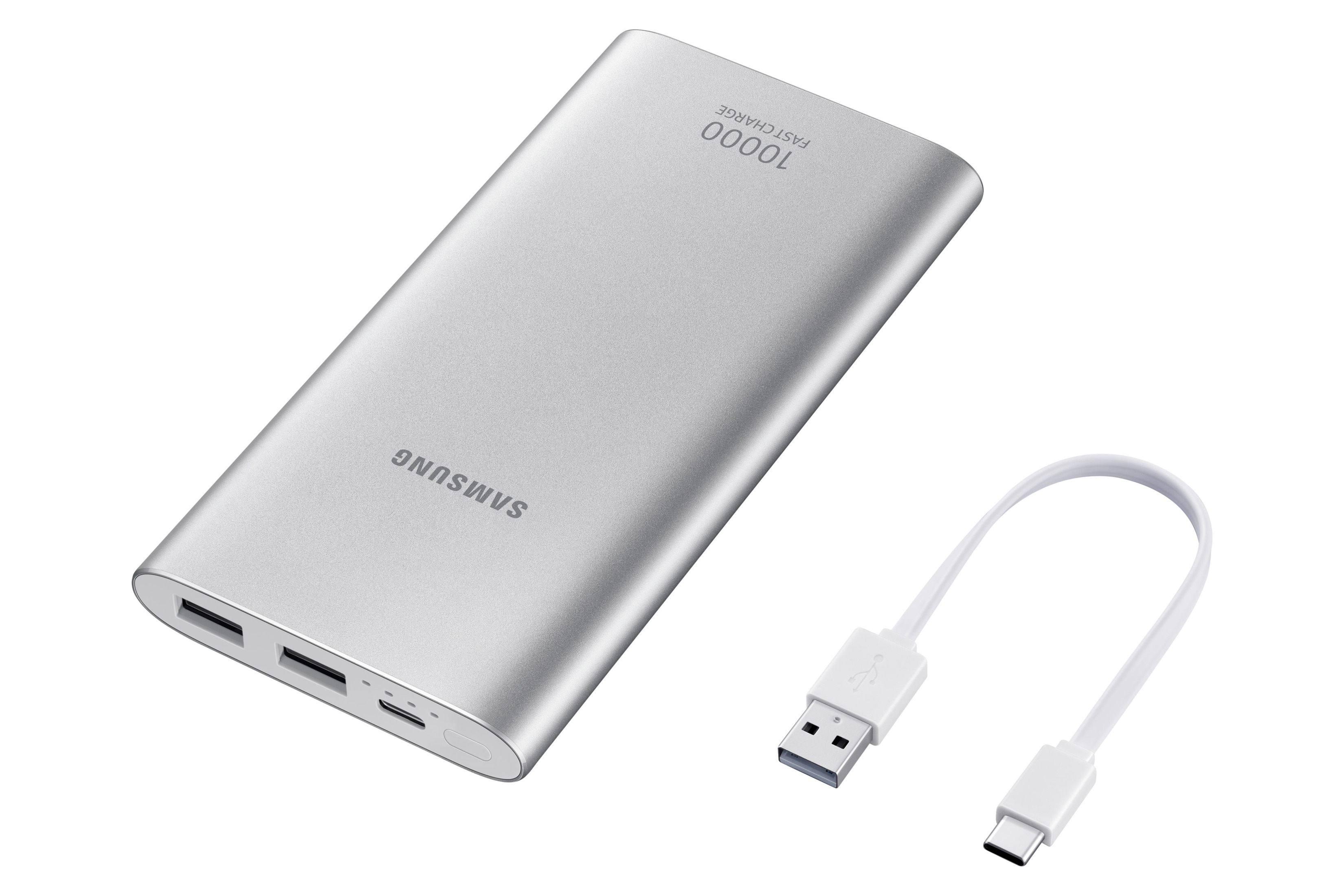 Batterie externe Samsung argentée 10000 mAh avec câble USB et USB-C.