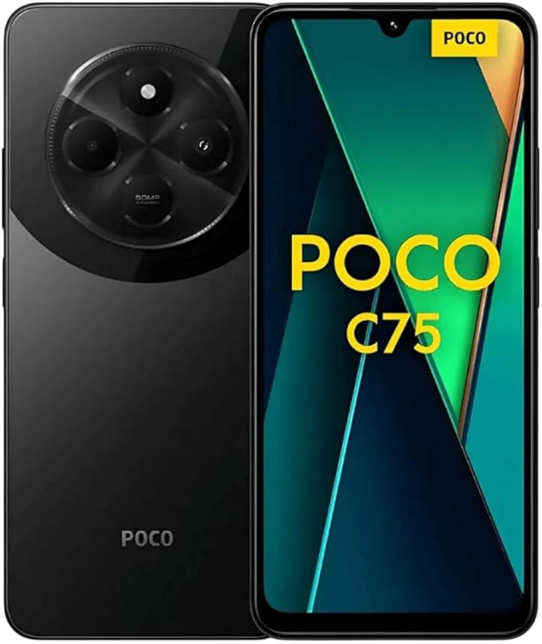 Smartphone nero con logo POCO e configurazione fotocamera posteriore.