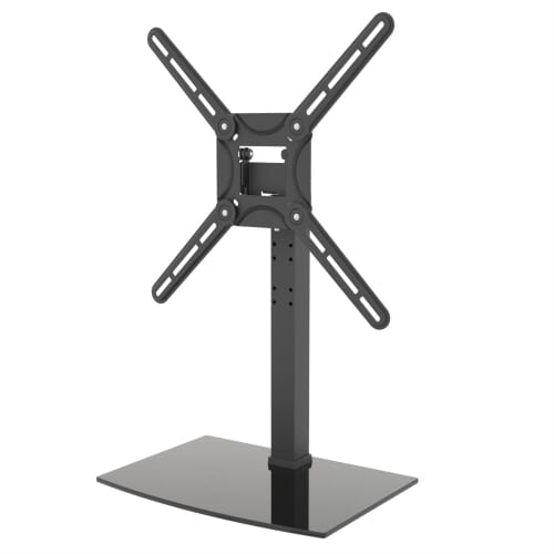 Ein schwarzer TV-Ständer aus Metall mit Glasfuß und verstellbaren Armen.