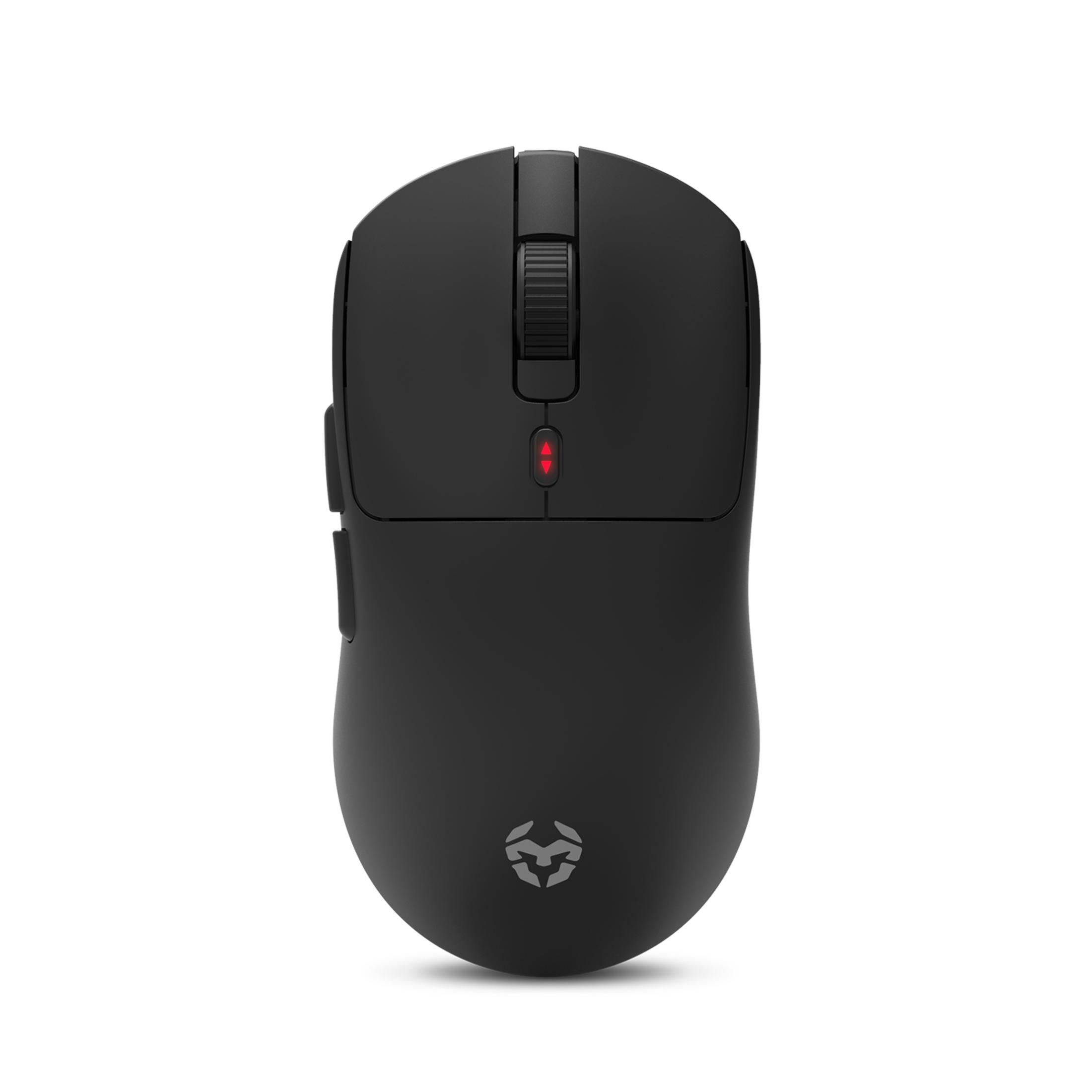 Un mouse per computer nero con rotella di scorrimento e spia rossa.