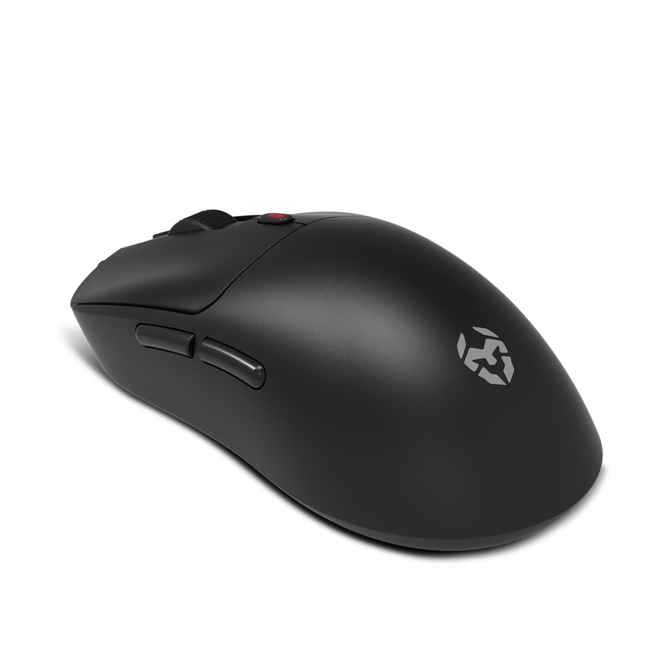 Mouse gaming nero con logo argentato e pulsante rosso.