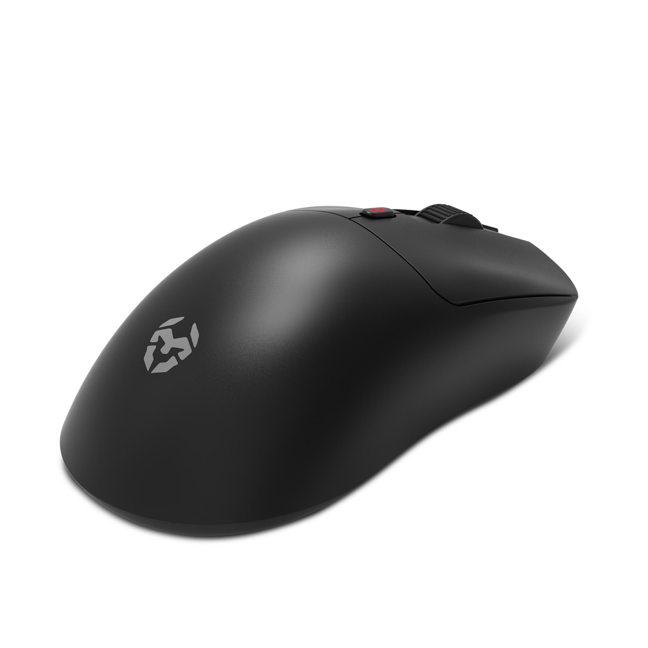Mouse wireless nero con logo grigio e pulsante rosso.