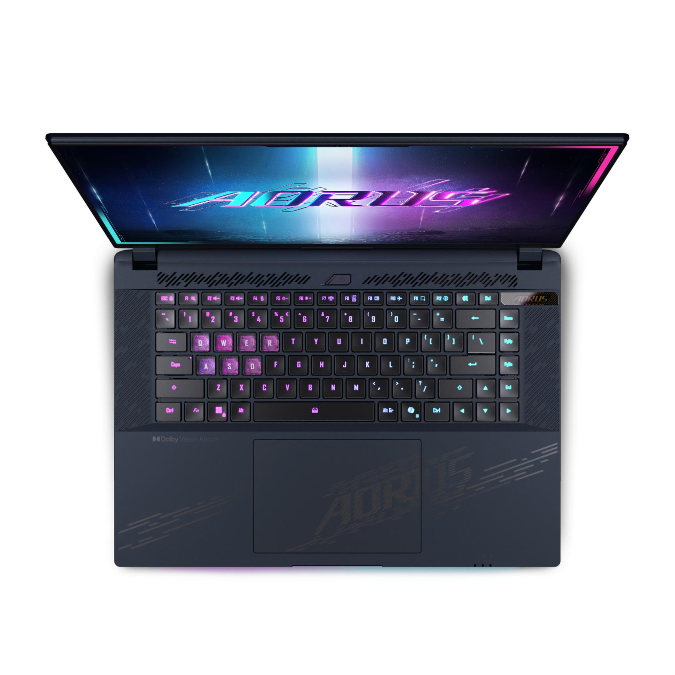 Un portátil Aorus abierto con teclado retroiluminado y fondo de pantalla futurista.