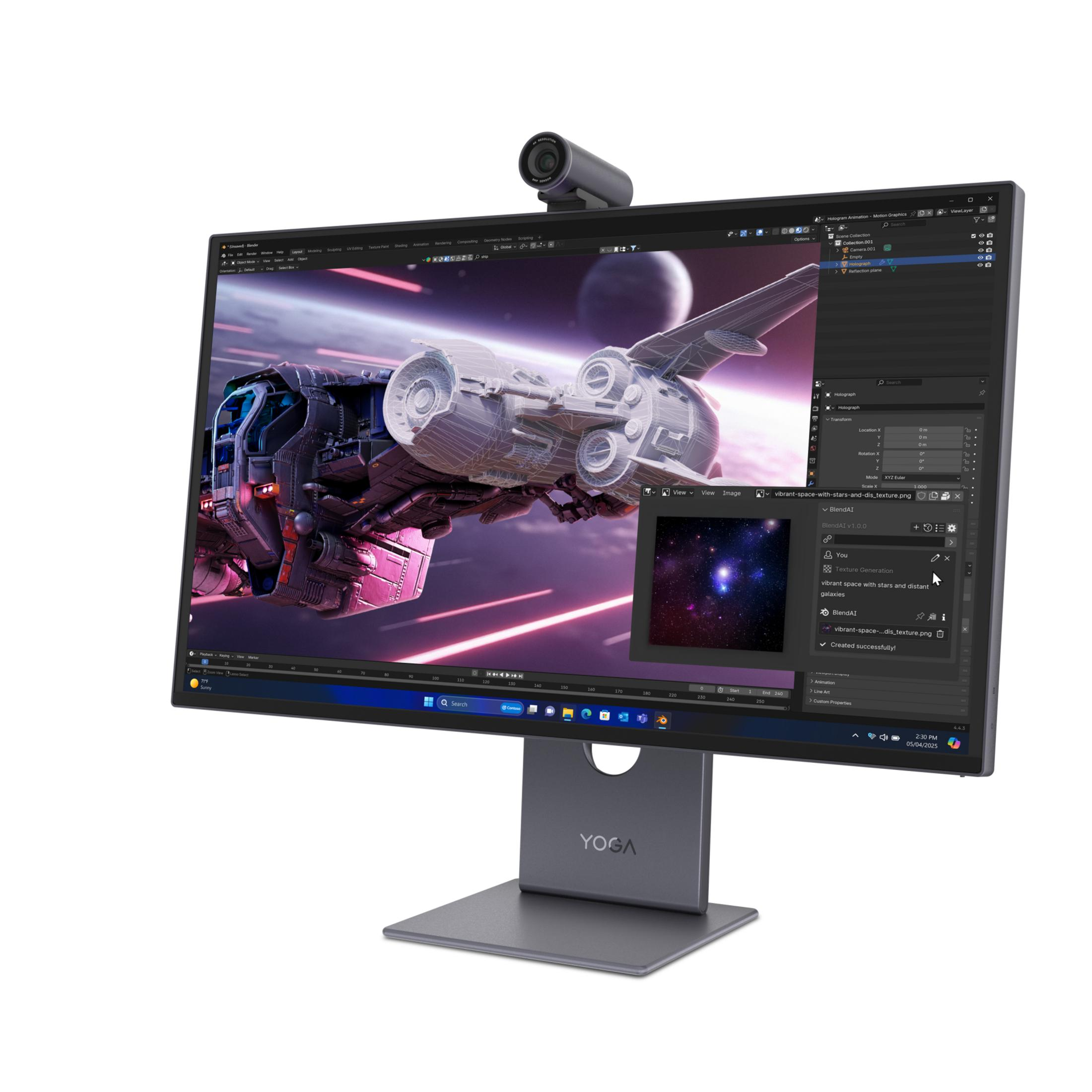 Monitor mit 3D-Raumschiff-Rendering und Webcam. YOGA-Logo unten.