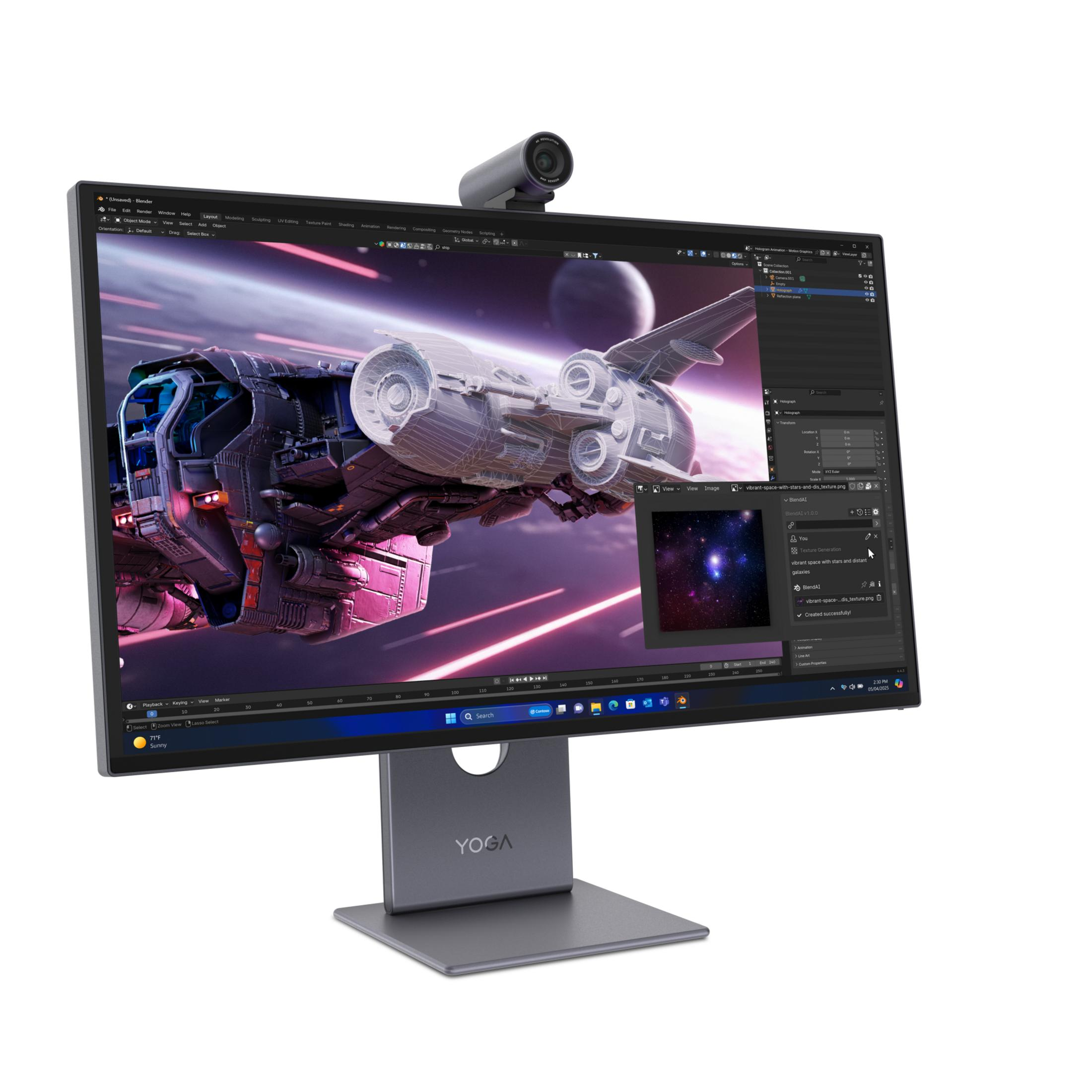 Ein Lenovo Yoga Monitor zeigt ein 3D-Raumschiffmodell und einen Sternenhimmel in Blender.