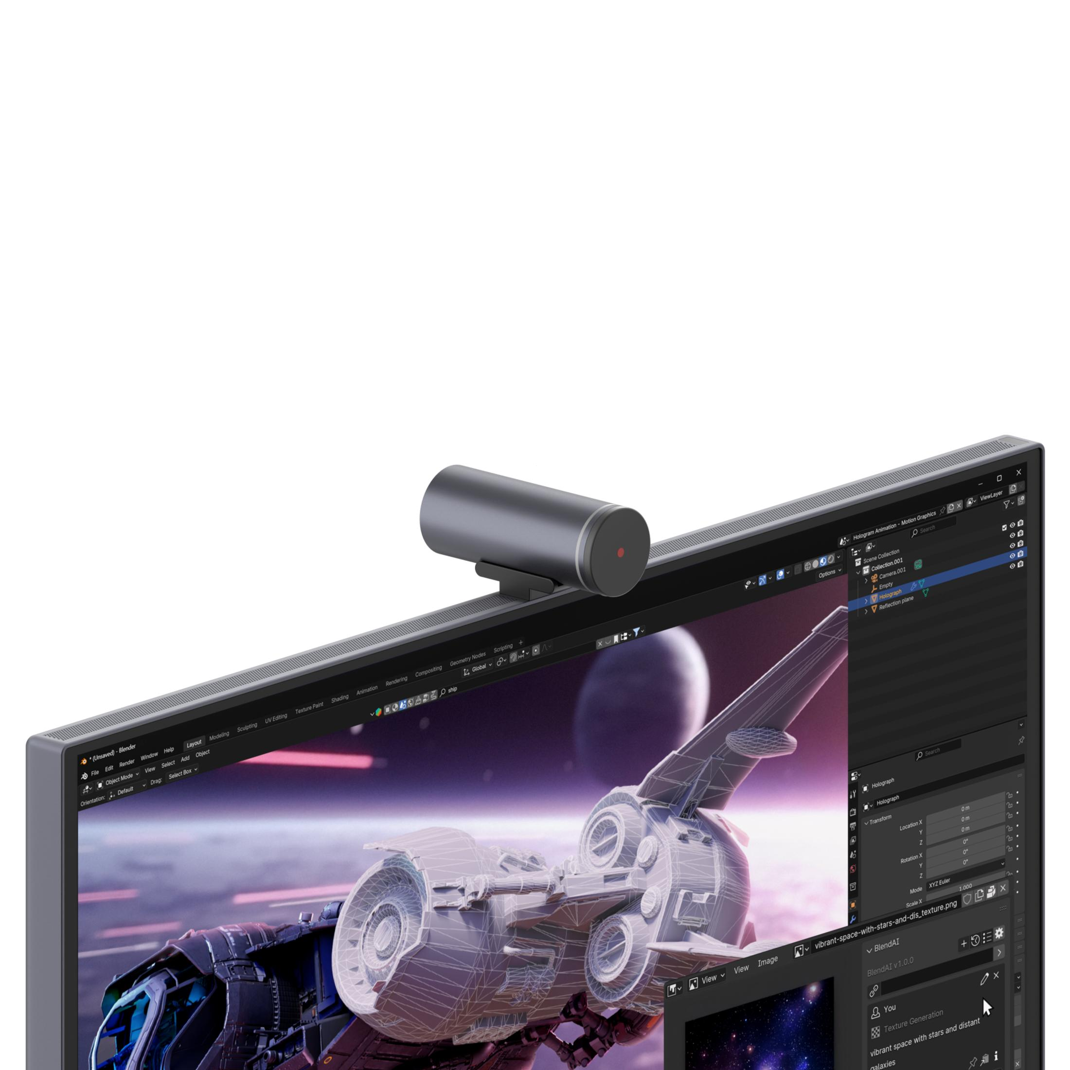 Ein Monitor mit einer Webcam zeigt ein 3D-Raumschiff-Modell in Blender.