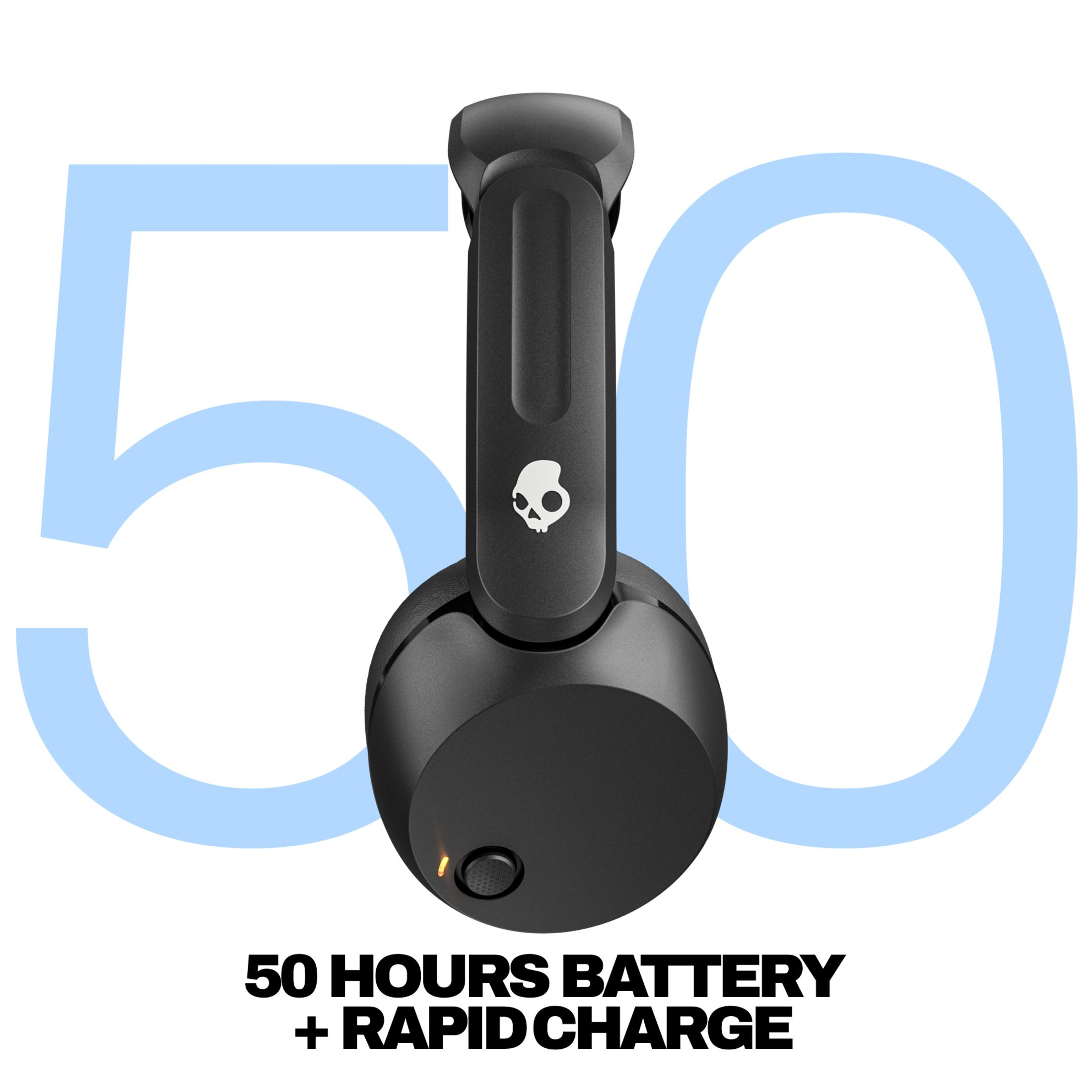 Skullcandy logolu siyah kulaklık, 50 saat pil + hızlı şarj.