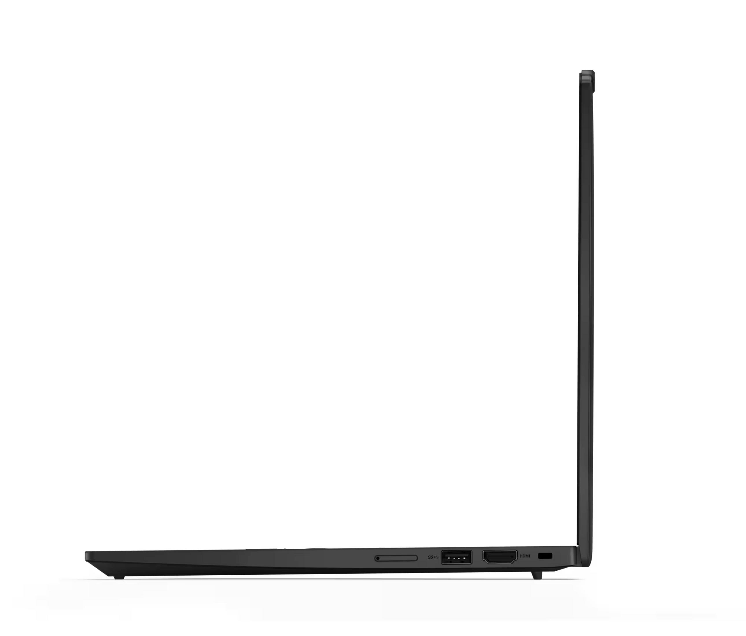 Vista lateral de un portátil negro, mostrando puertos USB, HDMI y ranura para tarjeta SD.