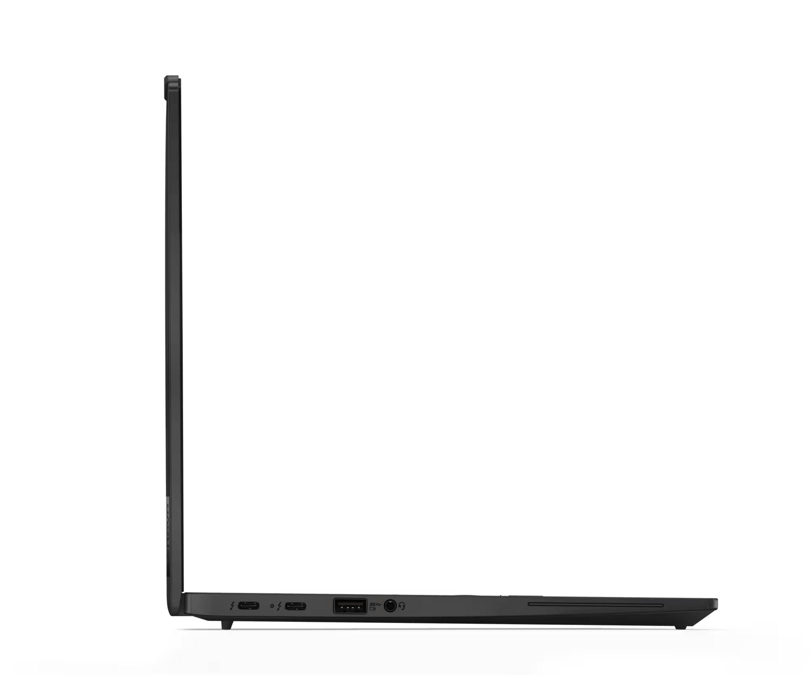 Portátil negro de lado, mostrando puertos y el logo de Lenovo en la carcasa.