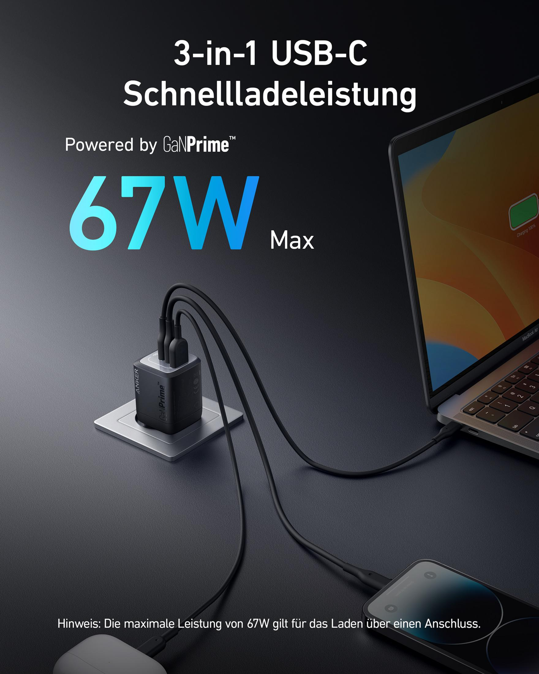 Un caricatore USB-C nero da 67W con tre cavi che caricano un MacBook e uno smartphone.