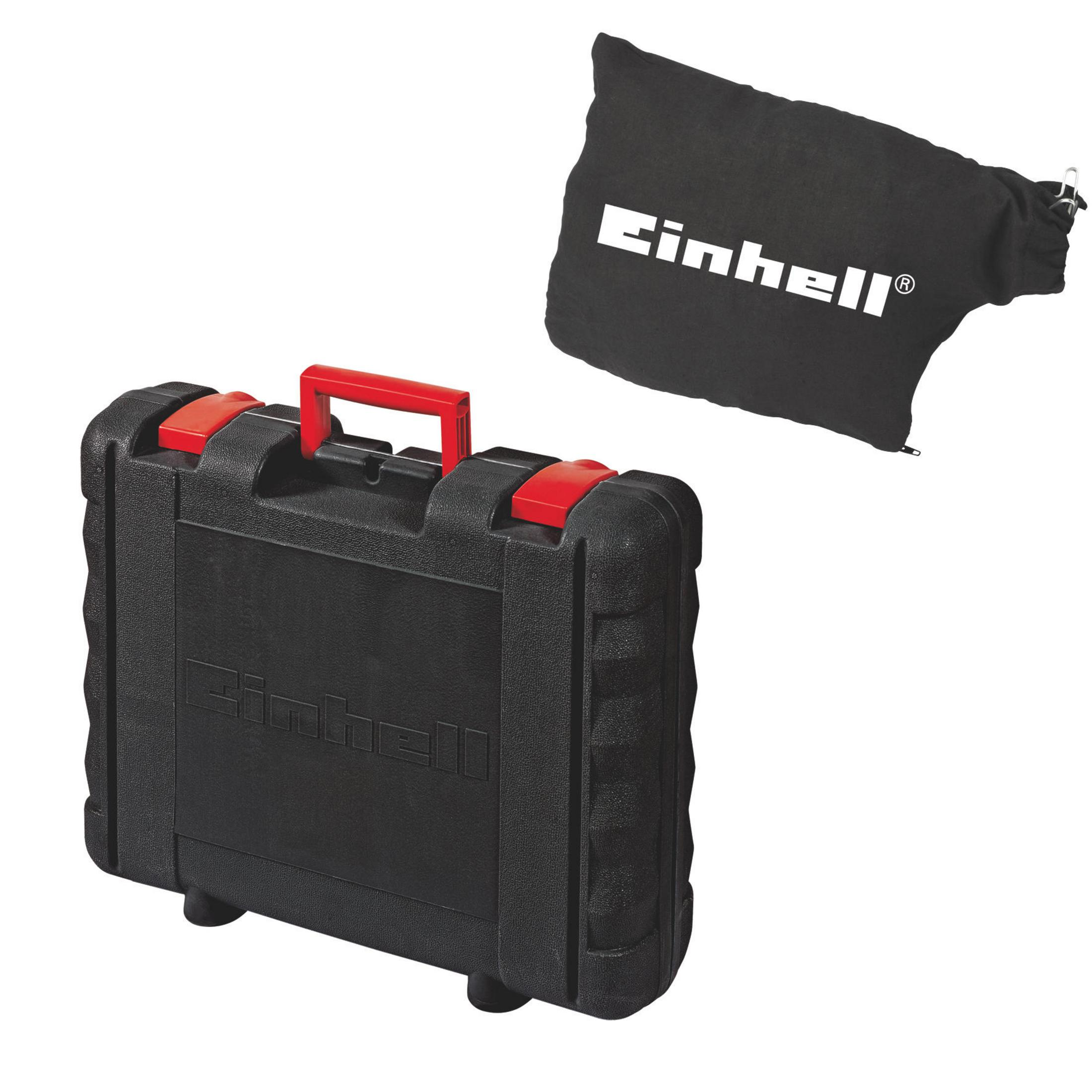 Schwarzer Werkzeugkoffer mit rotem Griff und schwarzer Tasche mit Logo.