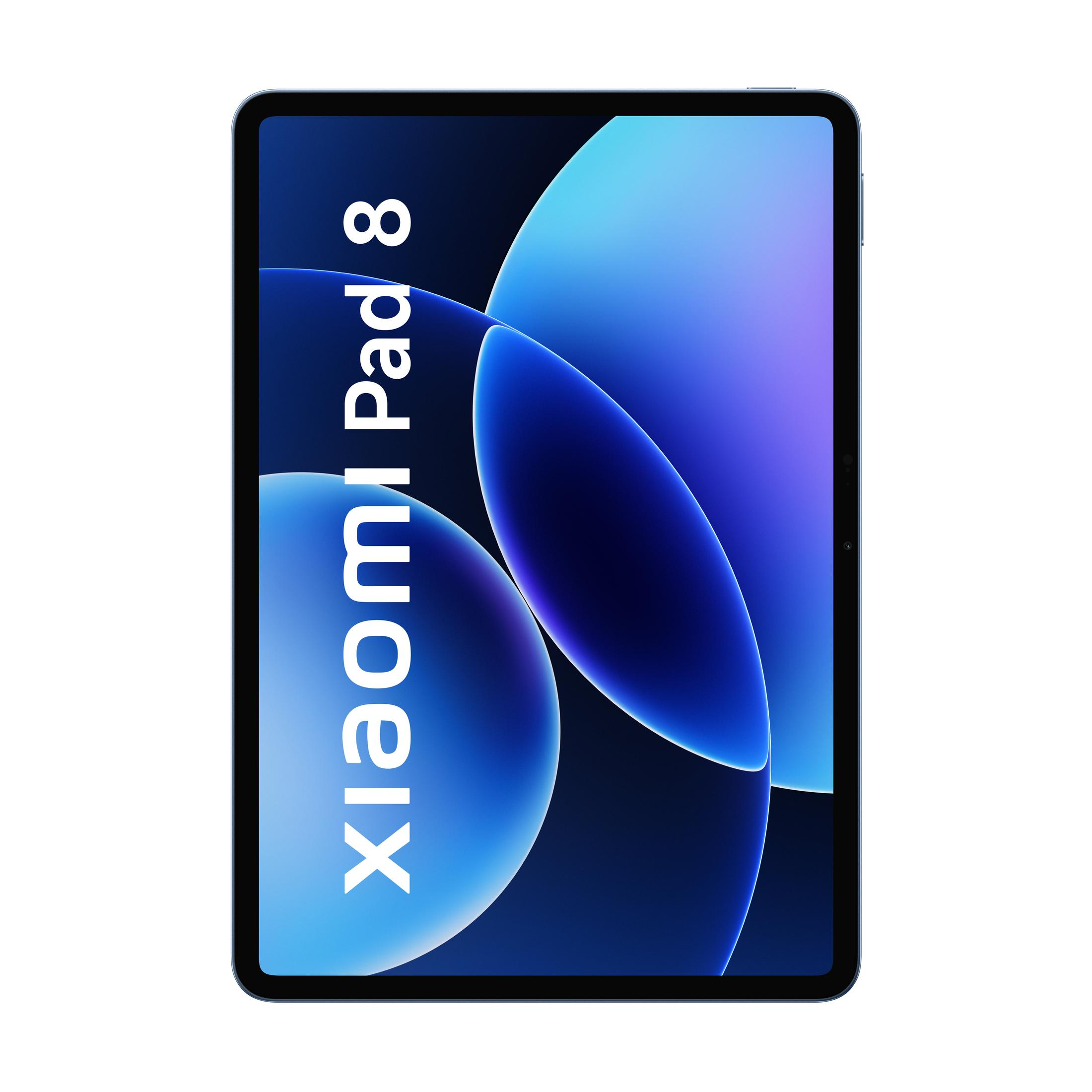 Un tablet blu che mostra "Xiaomi Pad 8" con forme blu astratte.
