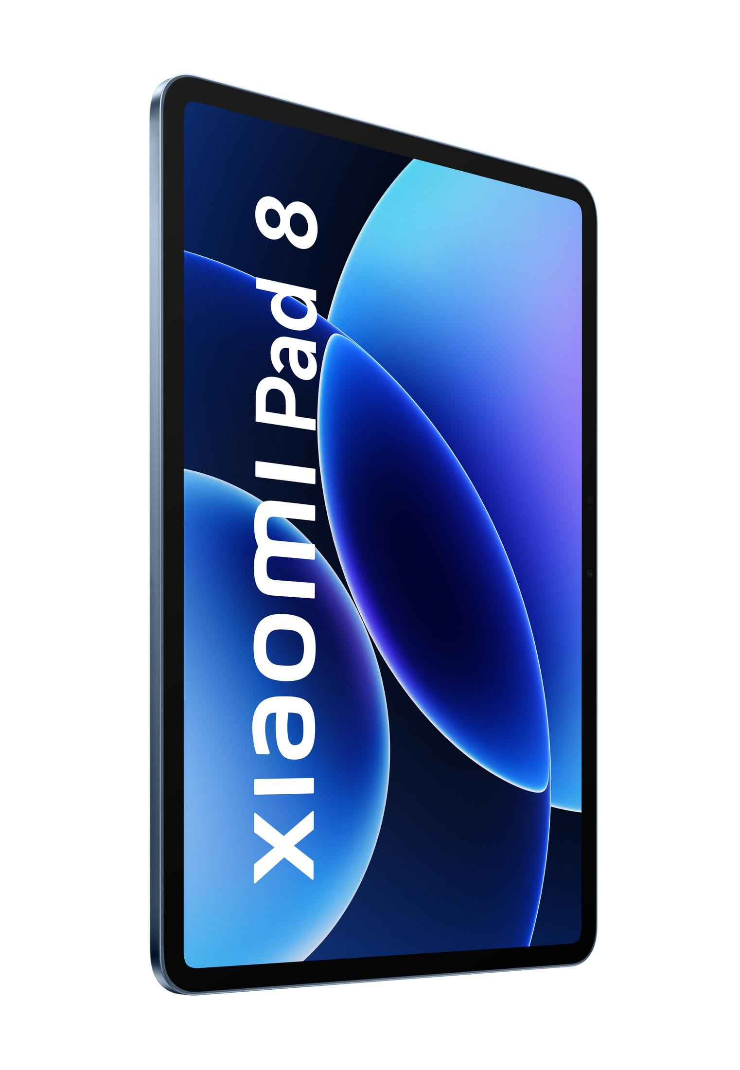 Un tablet Xiaomi Pad 8 blu con uno sfondo blu di forme astratte.