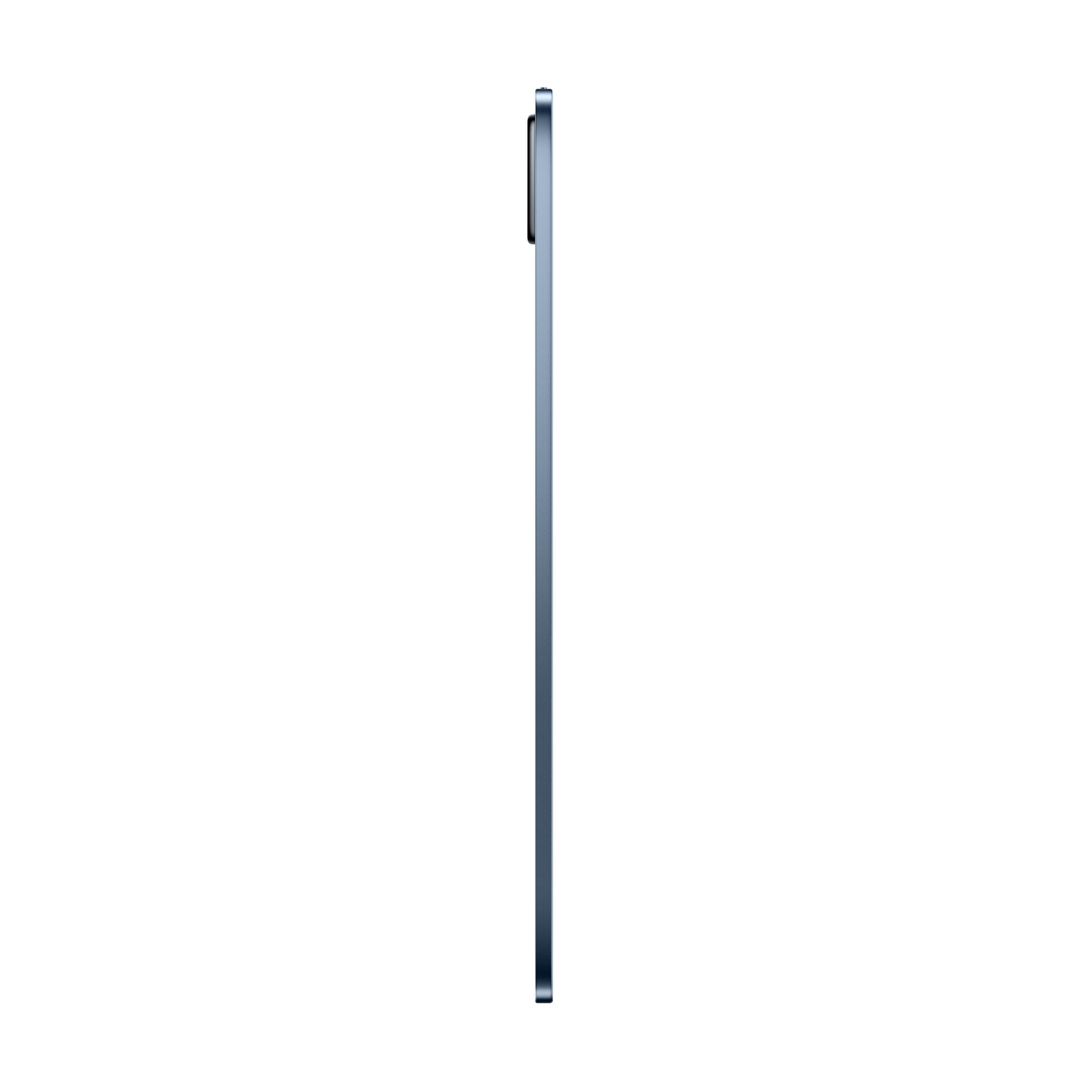 Un tablet blu visto di lato su sfondo bianco.