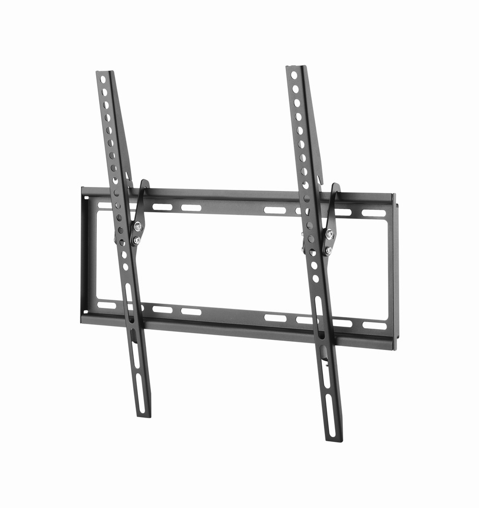 Un support mural TV gris avec bras réglables et de nombreux trous.