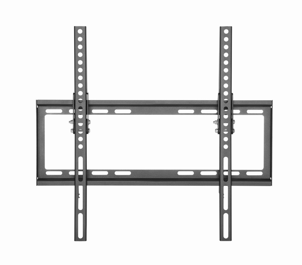 Un support mural TV en métal gris foncé avec barres verticales et horizontales, et de nombreux trous.