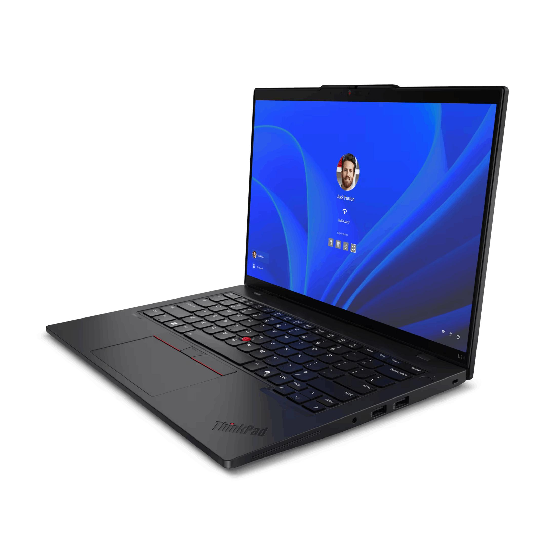 Ein schwarzer ThinkPad-Laptop ist geöffnet und zeigt eine blaue abstrakte Tapete mit einem Benutzeranmeldebildschirm.
