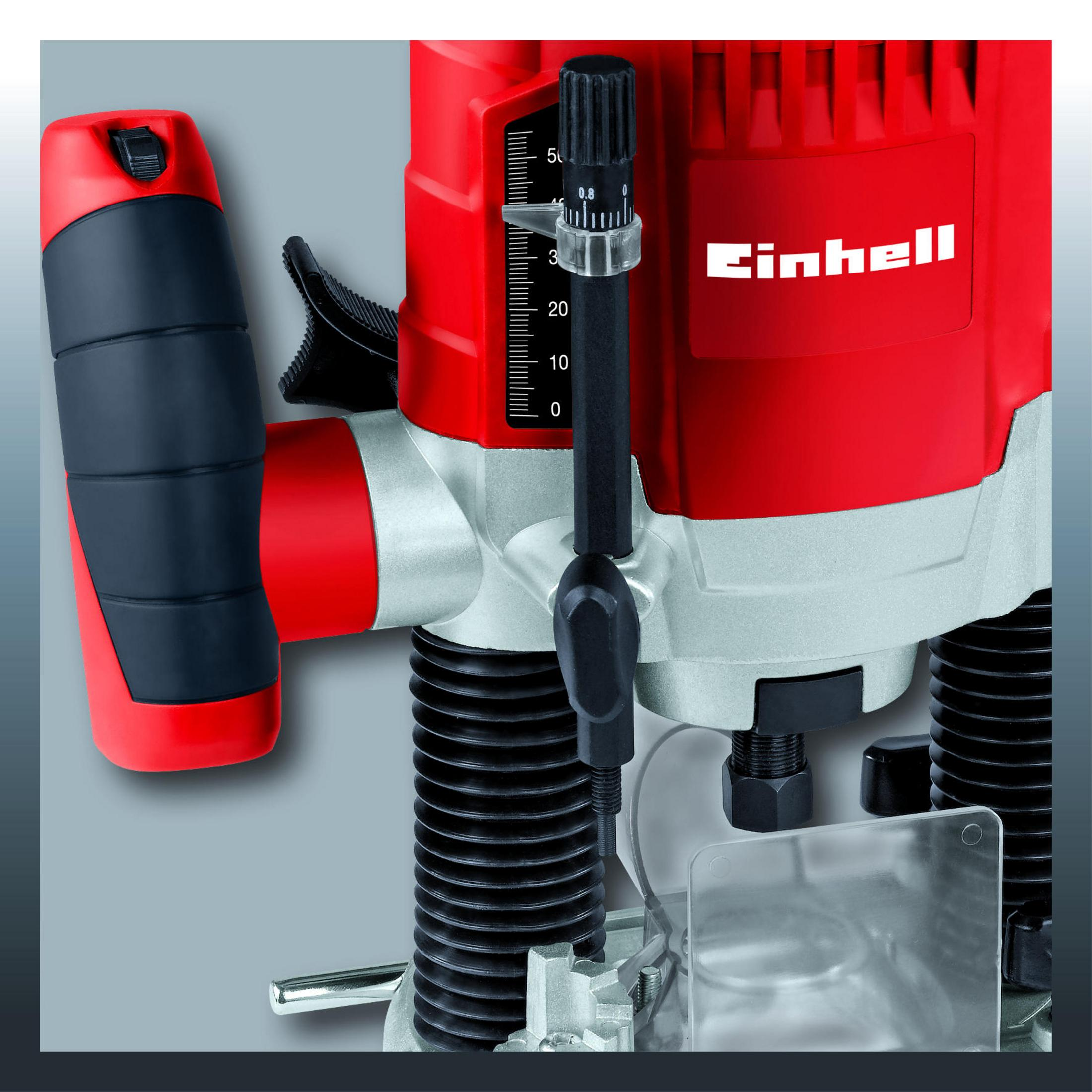 Fresatrice Einhell in rosso e argento con manici neri e regolazione profondità.