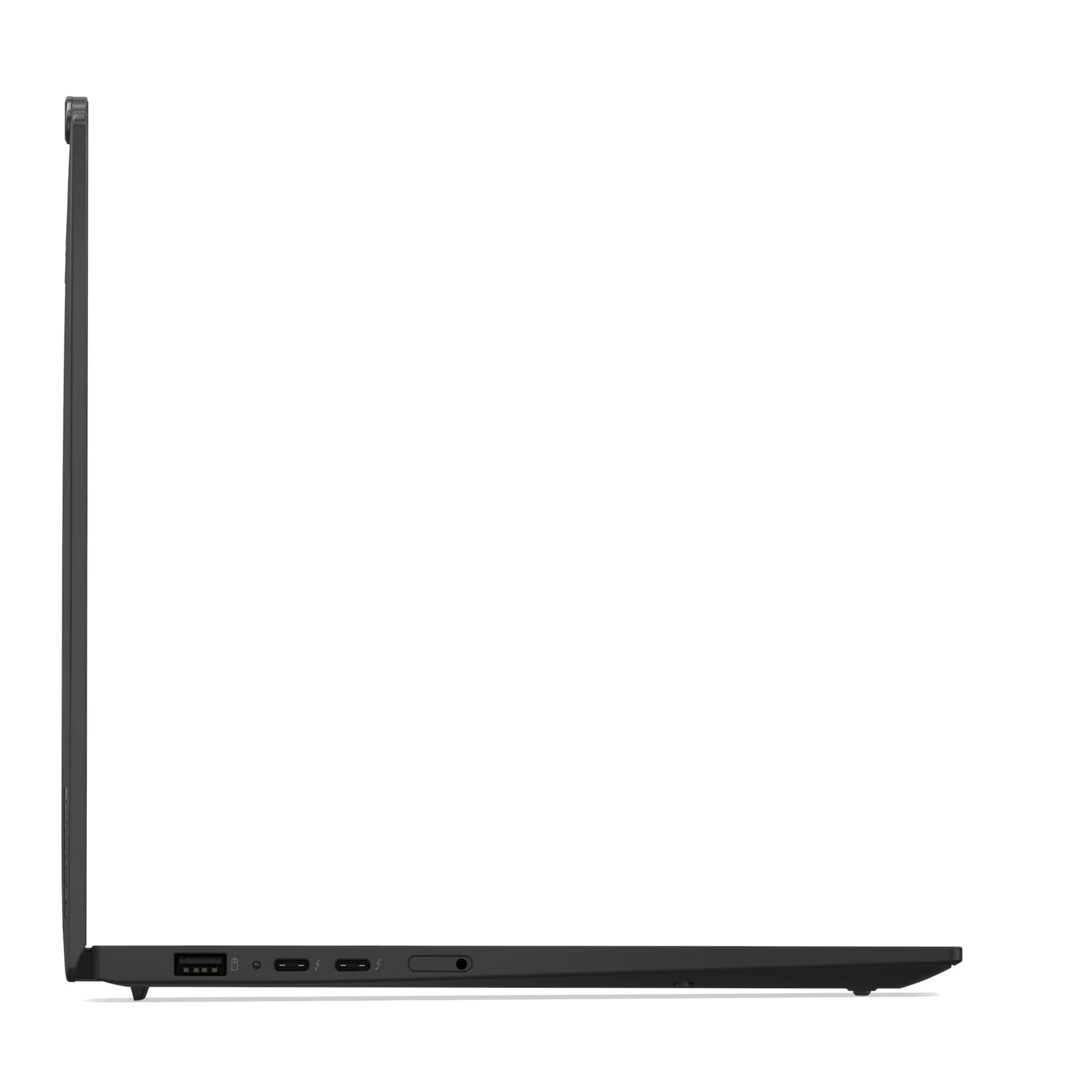 Portátil negro, vista lateral con puertos: USB-A, 2x USB-C, conector de audio.