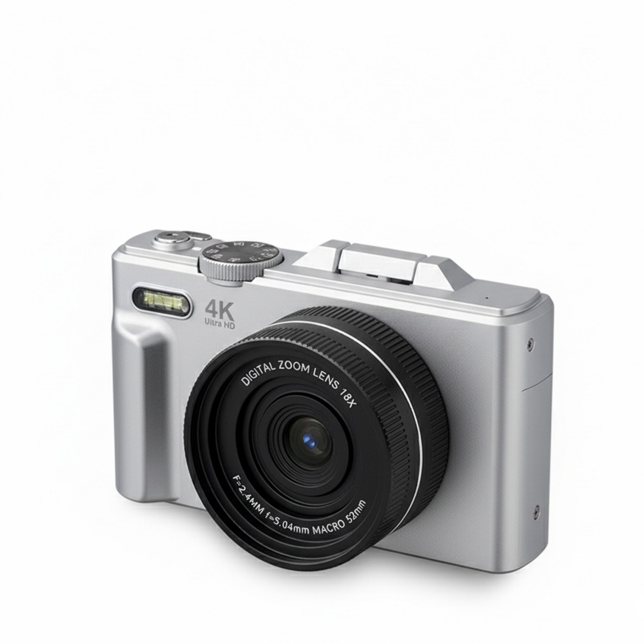 Srebrny aparat cyfrowy 4K Ultra HD z obiektywem zoom 18x.