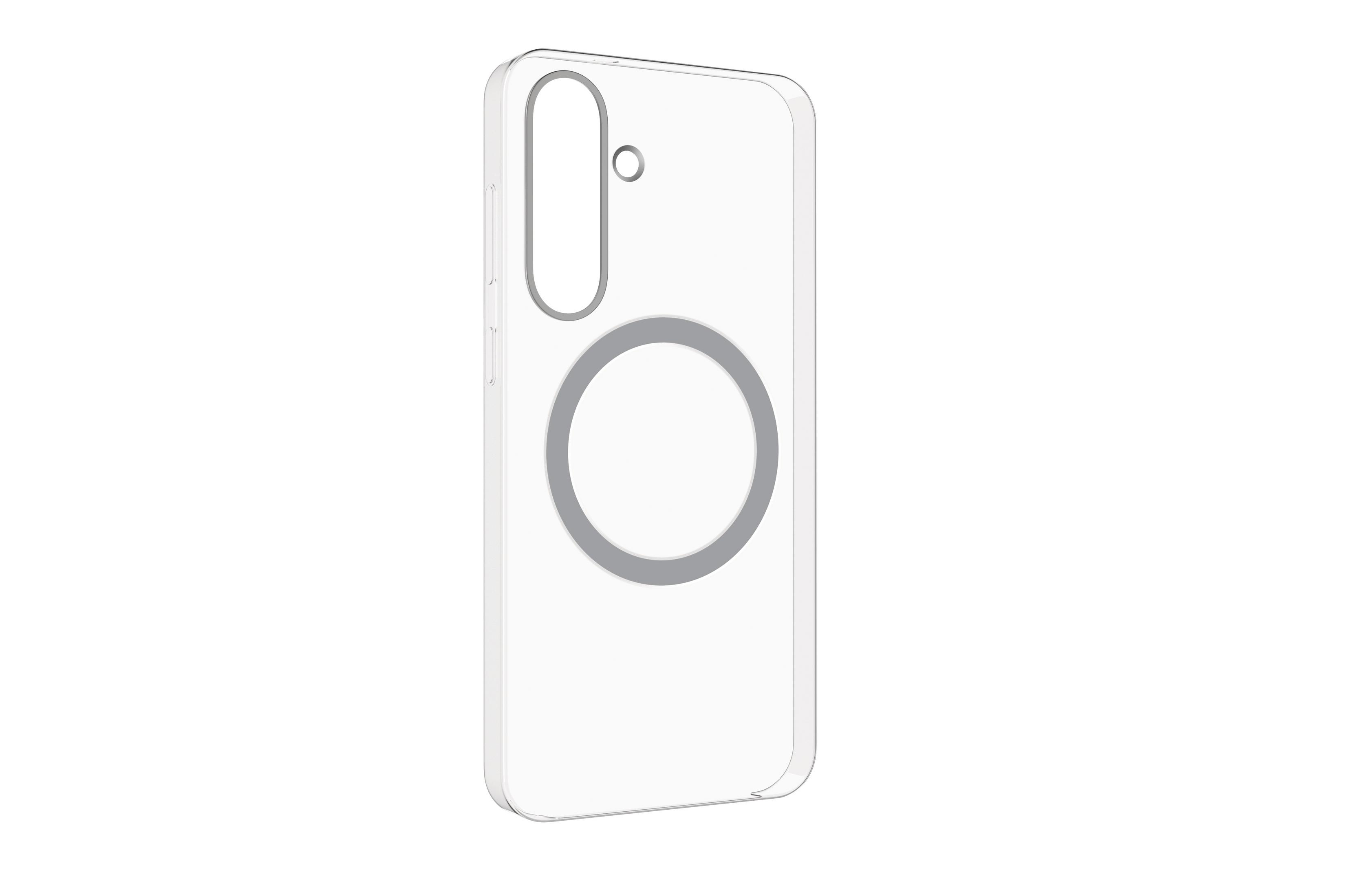 Custodia trasparente per telefono con cerchi grigi per fotocamera e ricarica MagSafe.