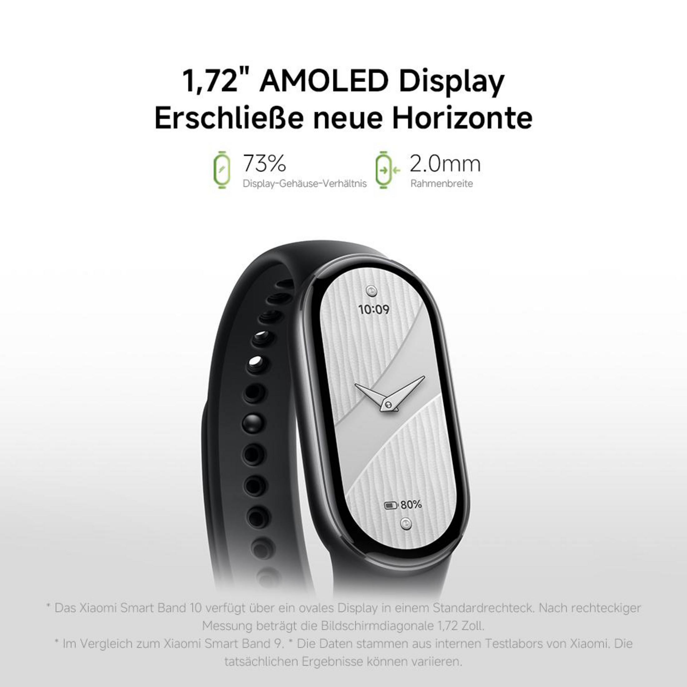 Un bracelet de fitness noir avec un grand écran lumineux affichant l'heure et le niveau de batterie.