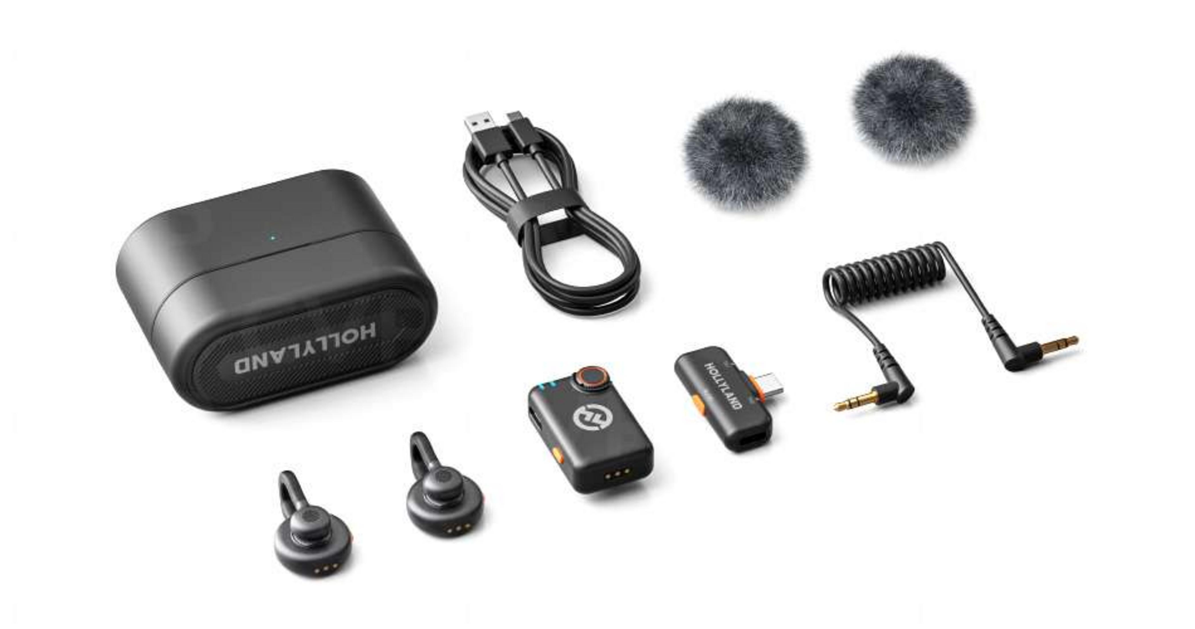 Kit microfono Hollyland nero con accessori su sfondo bianco.