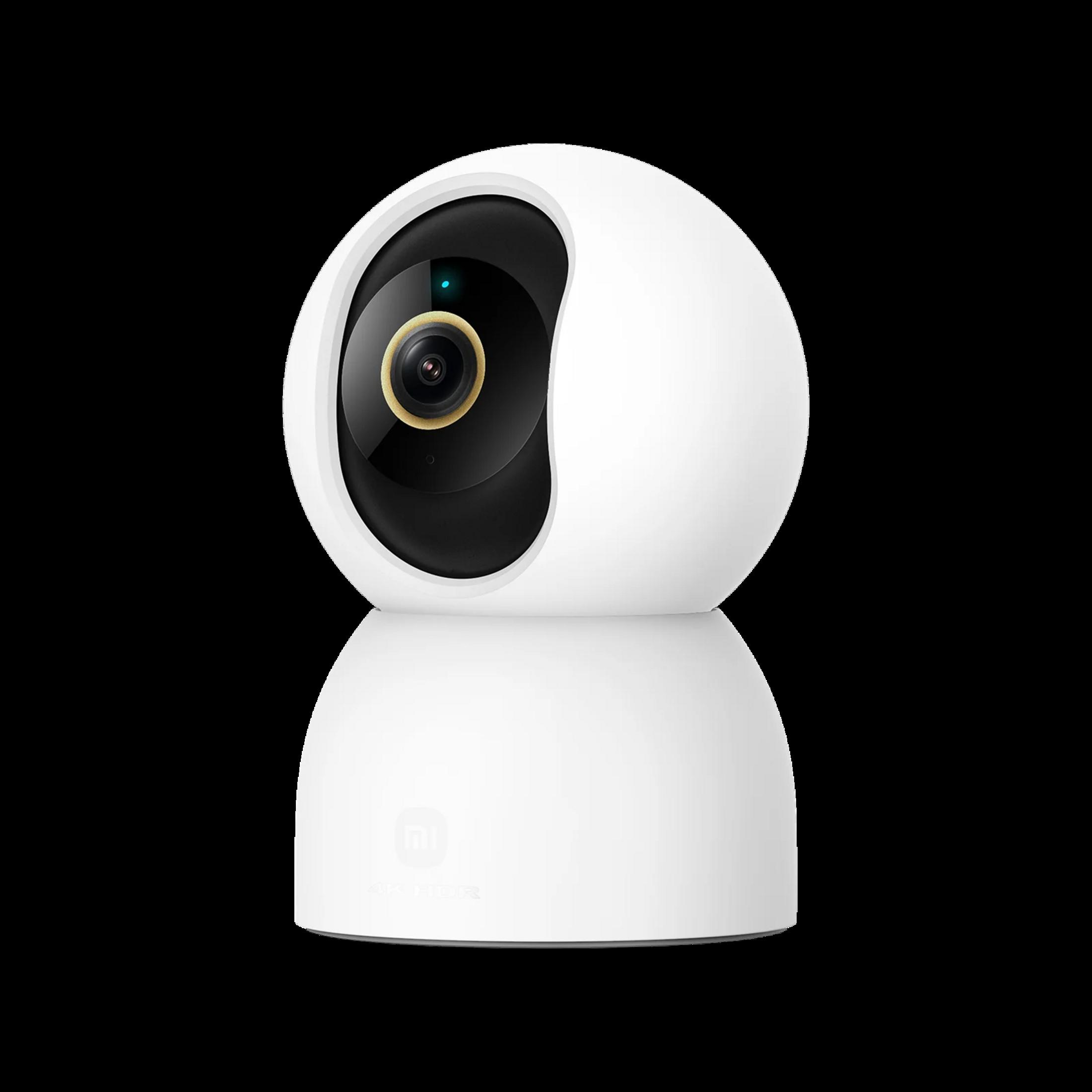 Una telecamera di sicurezza bianca, orientabile e inclinabile, con obiettivo nero e luce blu.