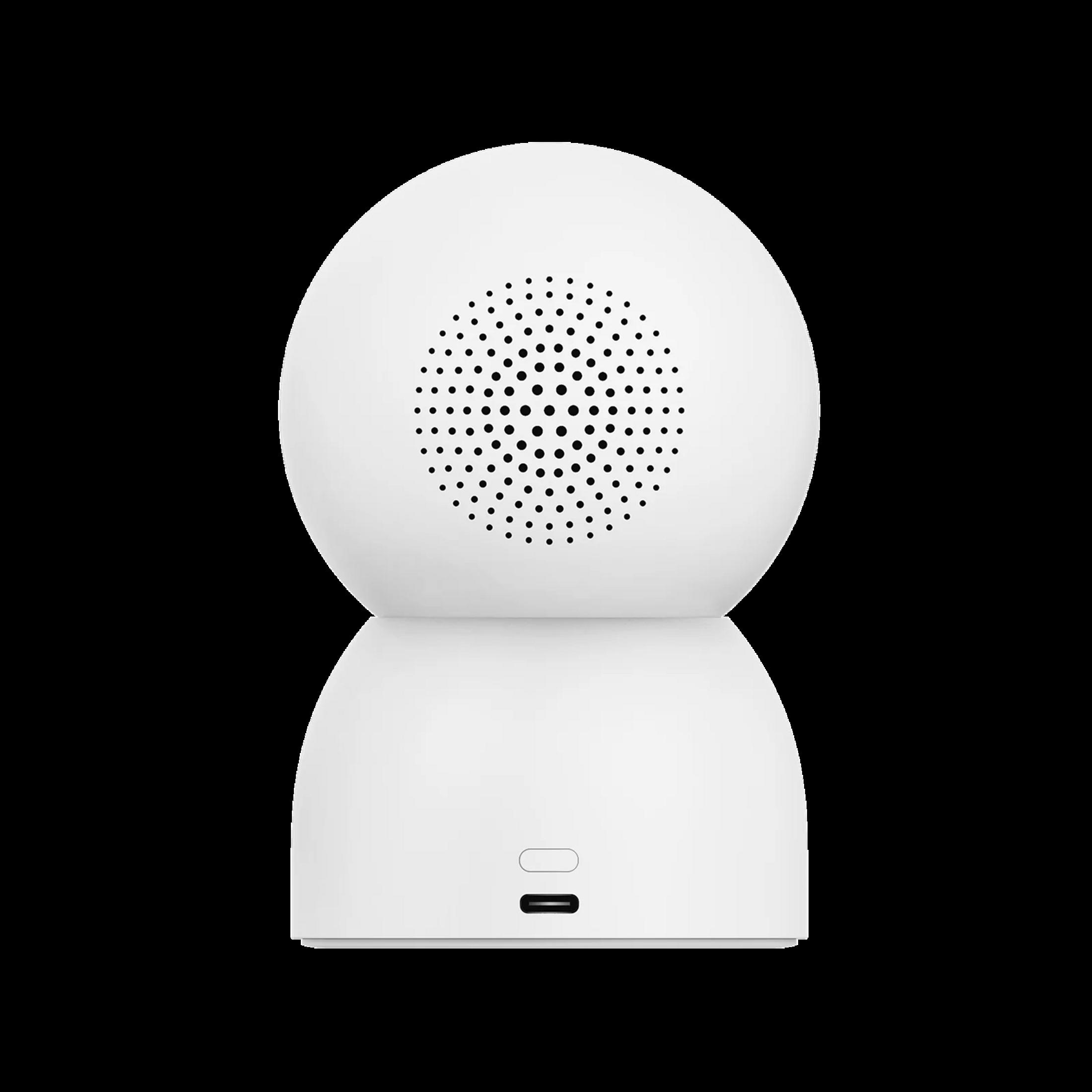 Telecamera smart bianca con griglia altoparlante in alto e porta USB-C in basso.