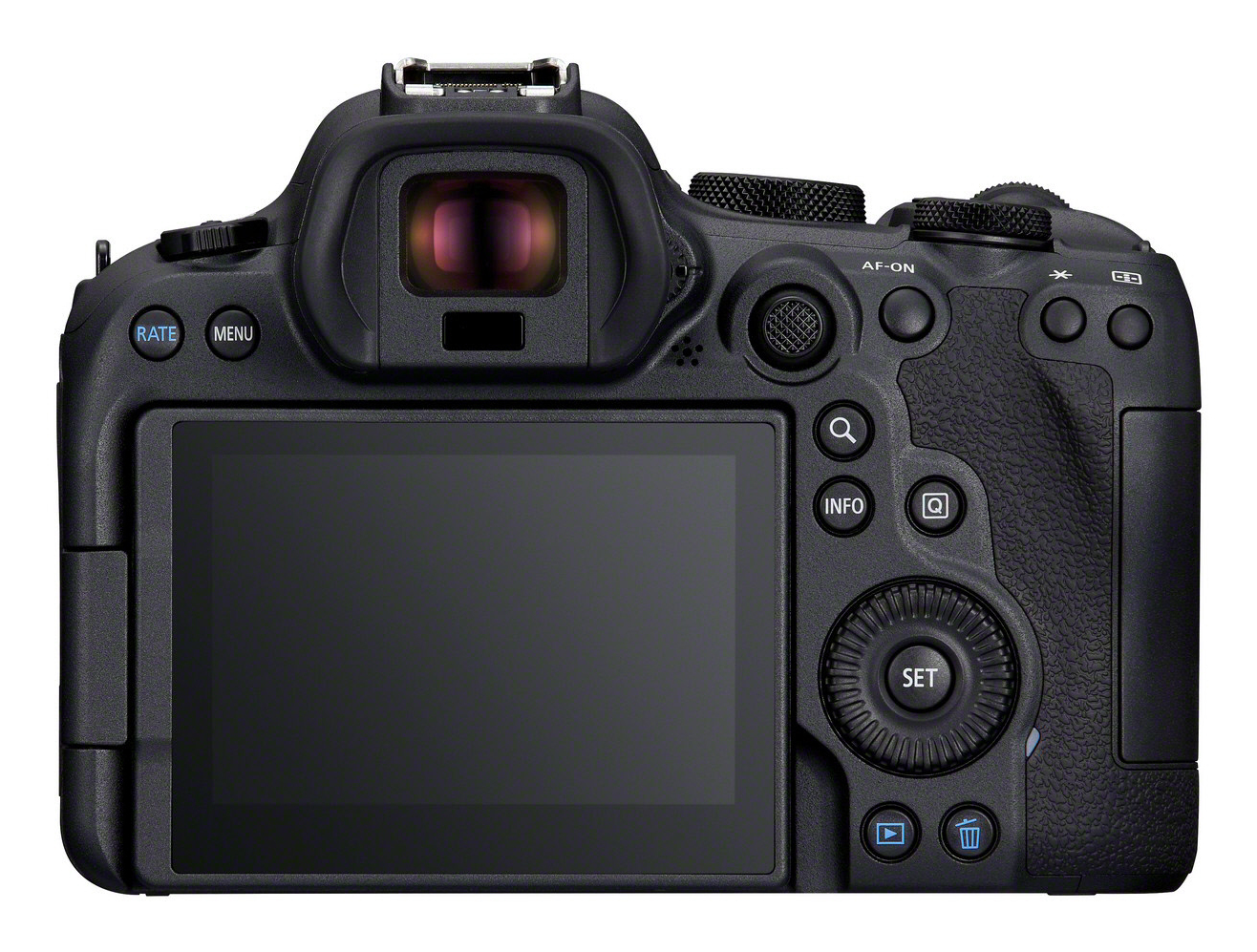 Parte trasera de una cámara digital negra con pantalla LCD, visor y botones.