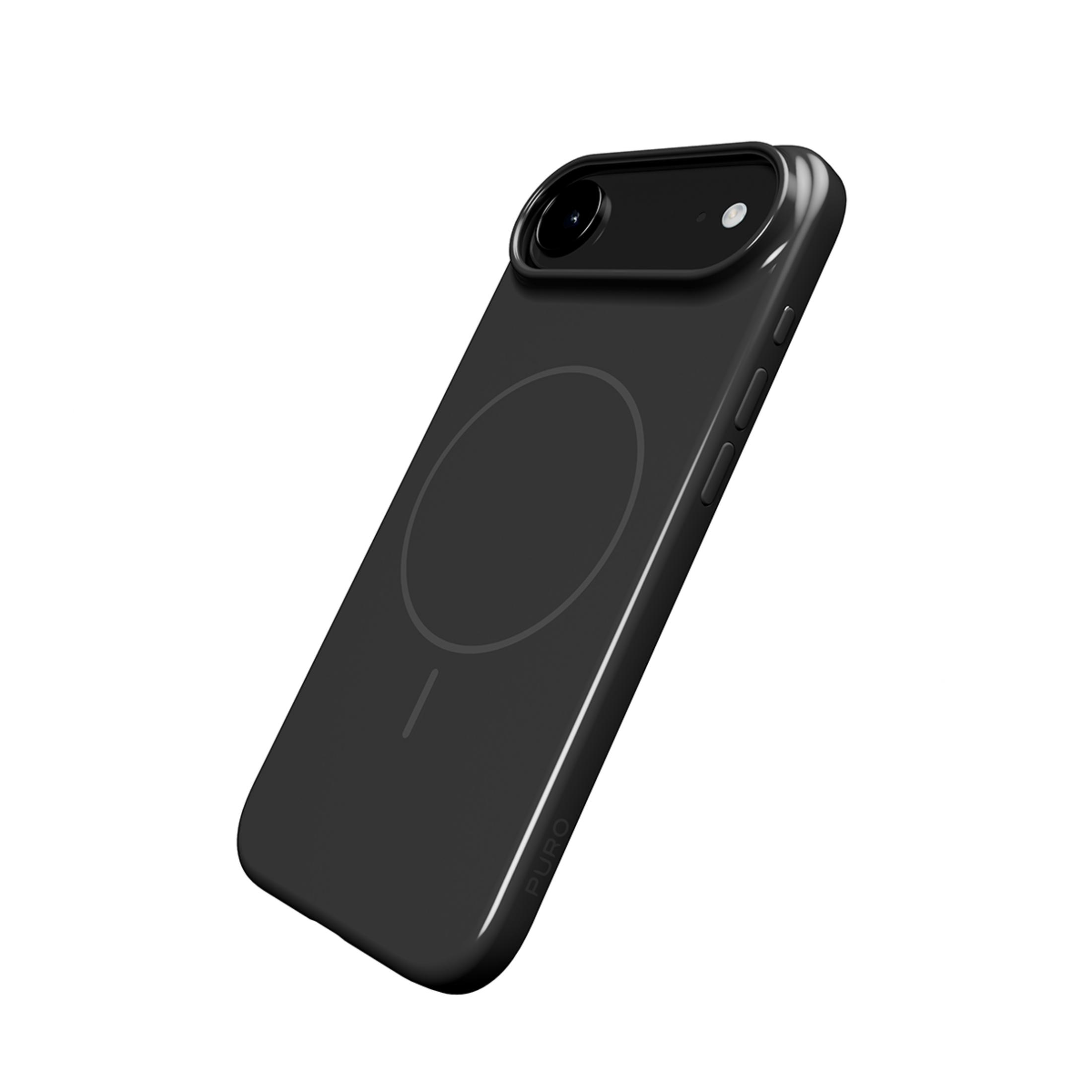 Schwarze Handyhülle mit MagSafe-Kreis und Kameraaussparung.