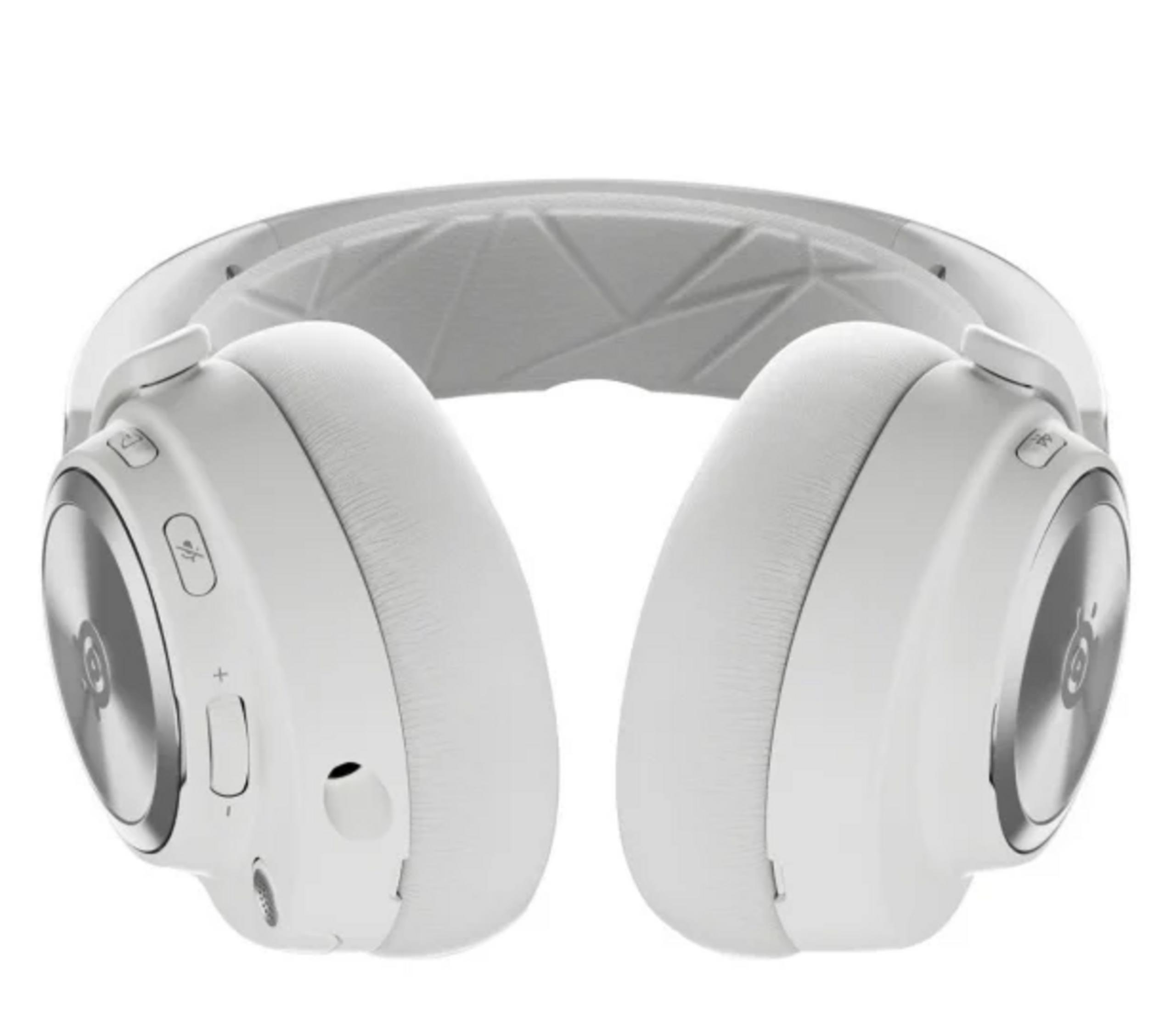 Weiße Over-Ear-Kopfhörer mit silbernen Details und Bedienelementen.