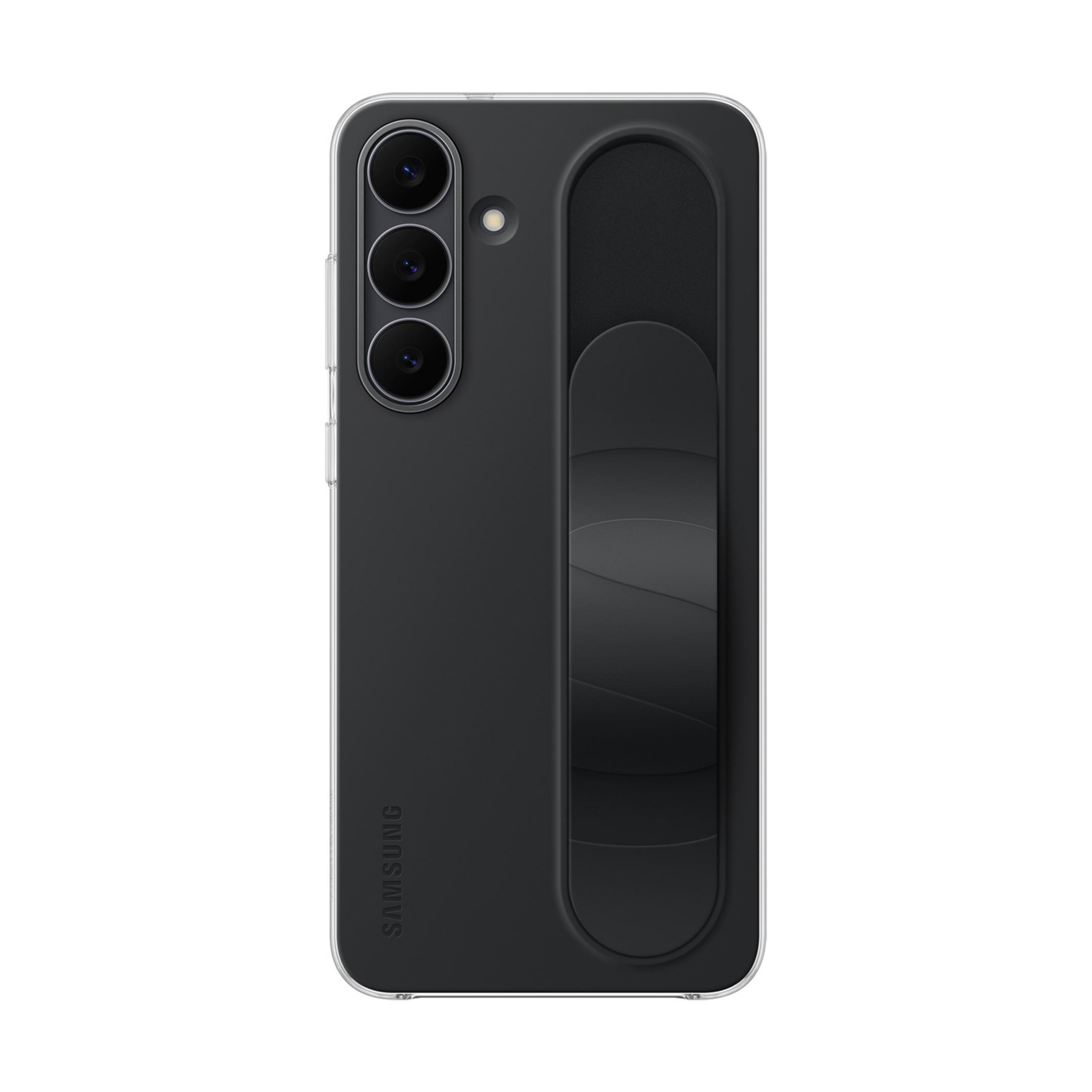 Custodia nera per telefono con tre fotocamere e cinturino.