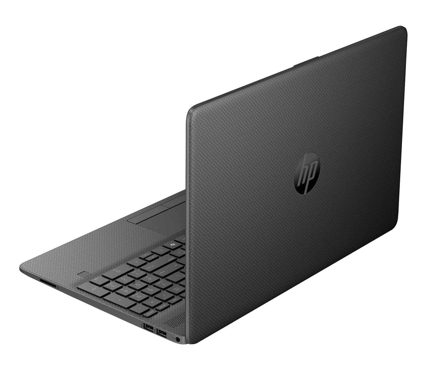Un portátil HP oscuro mostrando su teclado y trackpad, expuesto sobre fondo blanco.