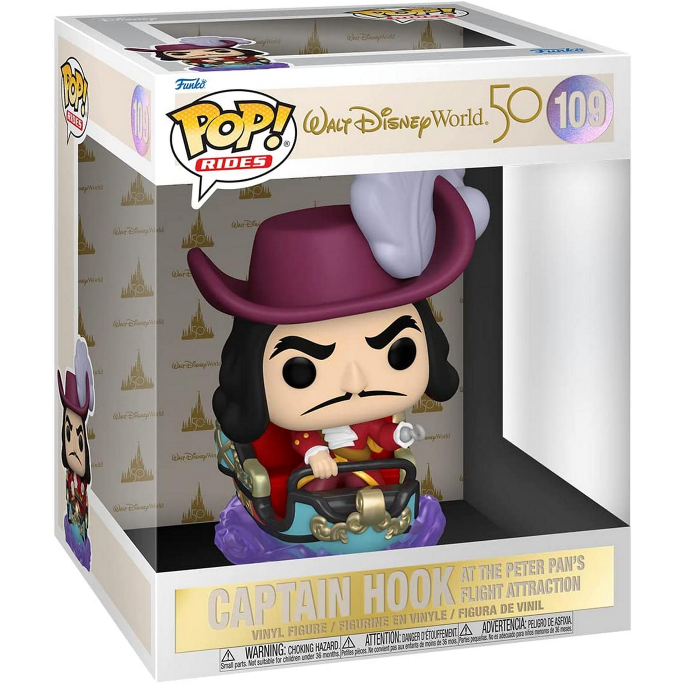 Funko Pop! Captain Hook figure in his carriage, with Walt Disney World background.