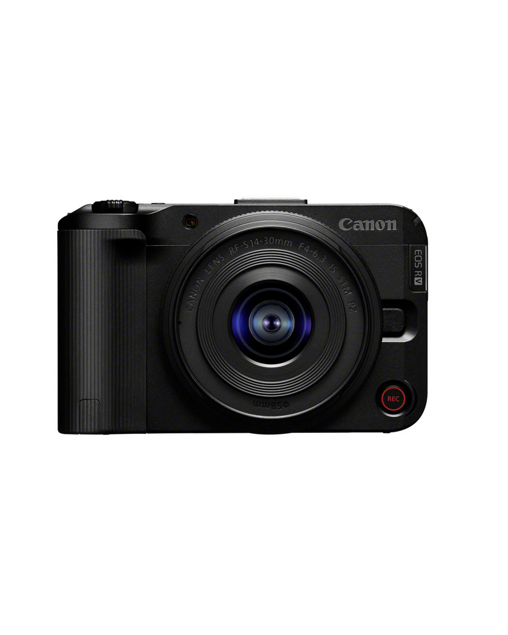Schwarze Canon EOS R V Kamera mit Objektiv und rotem Aufnahmeknopf.