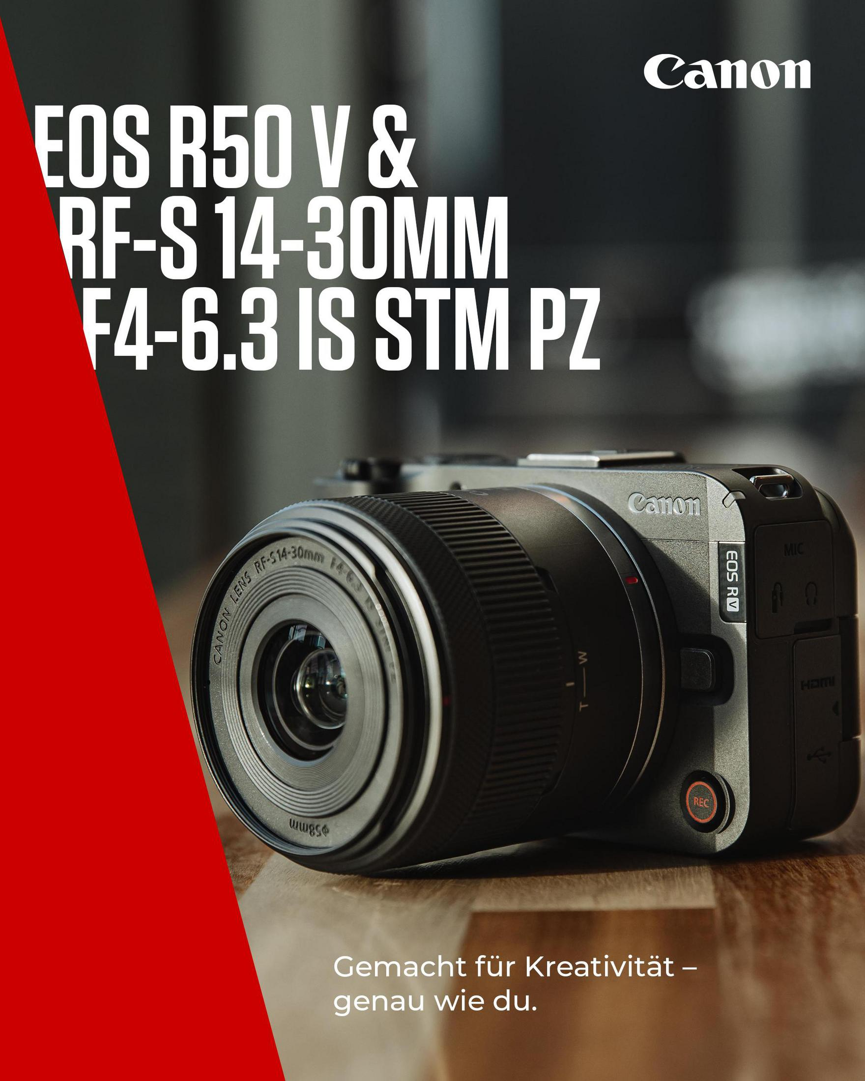 Canon EOS R50 Kamera mit RF-S 14-30mm F4-6.3 IS STM PZ Objektiv.