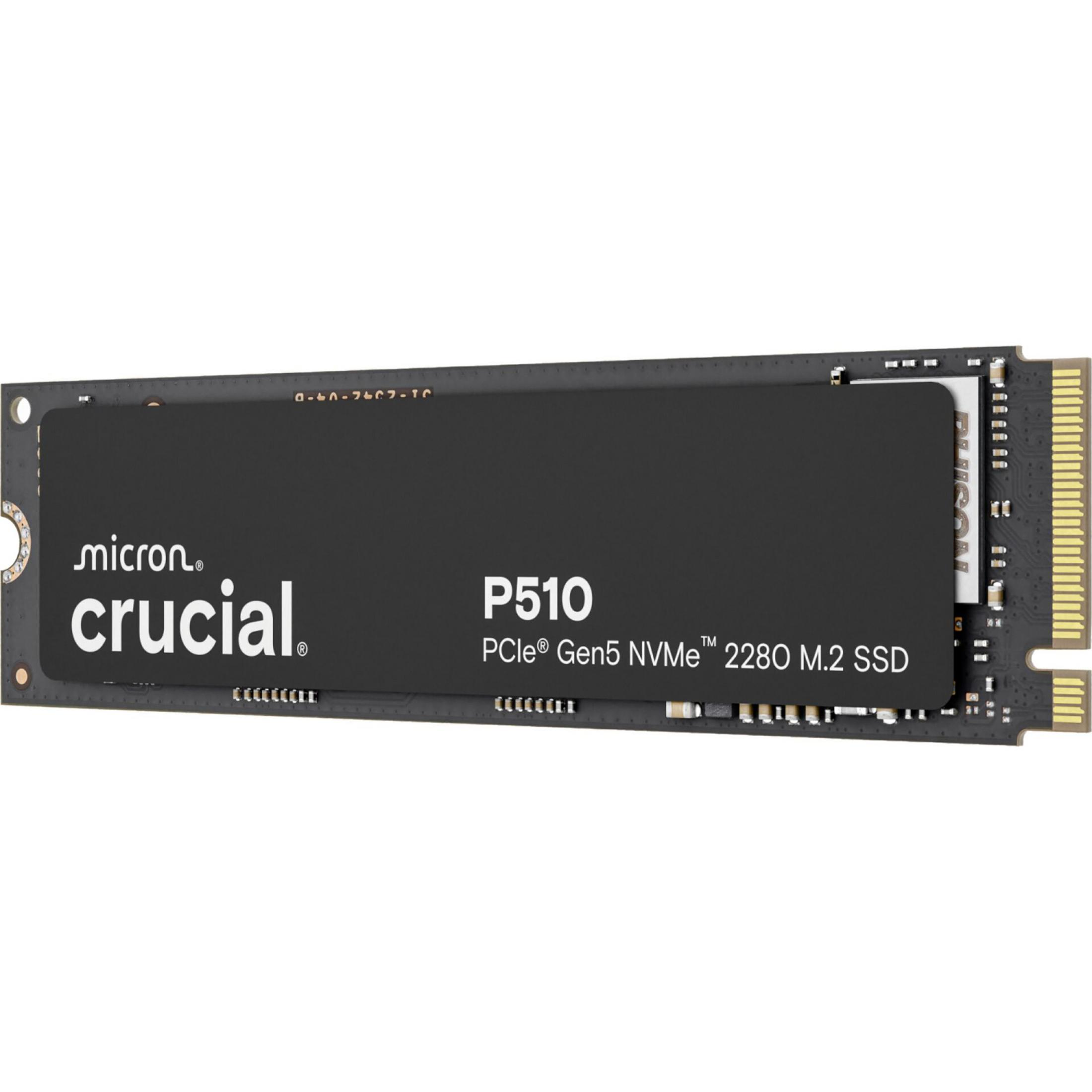 SSD M.2 Crucial P510 PCIe Gen5 NVMe 2280 con adesivo nero e connettore dorato.