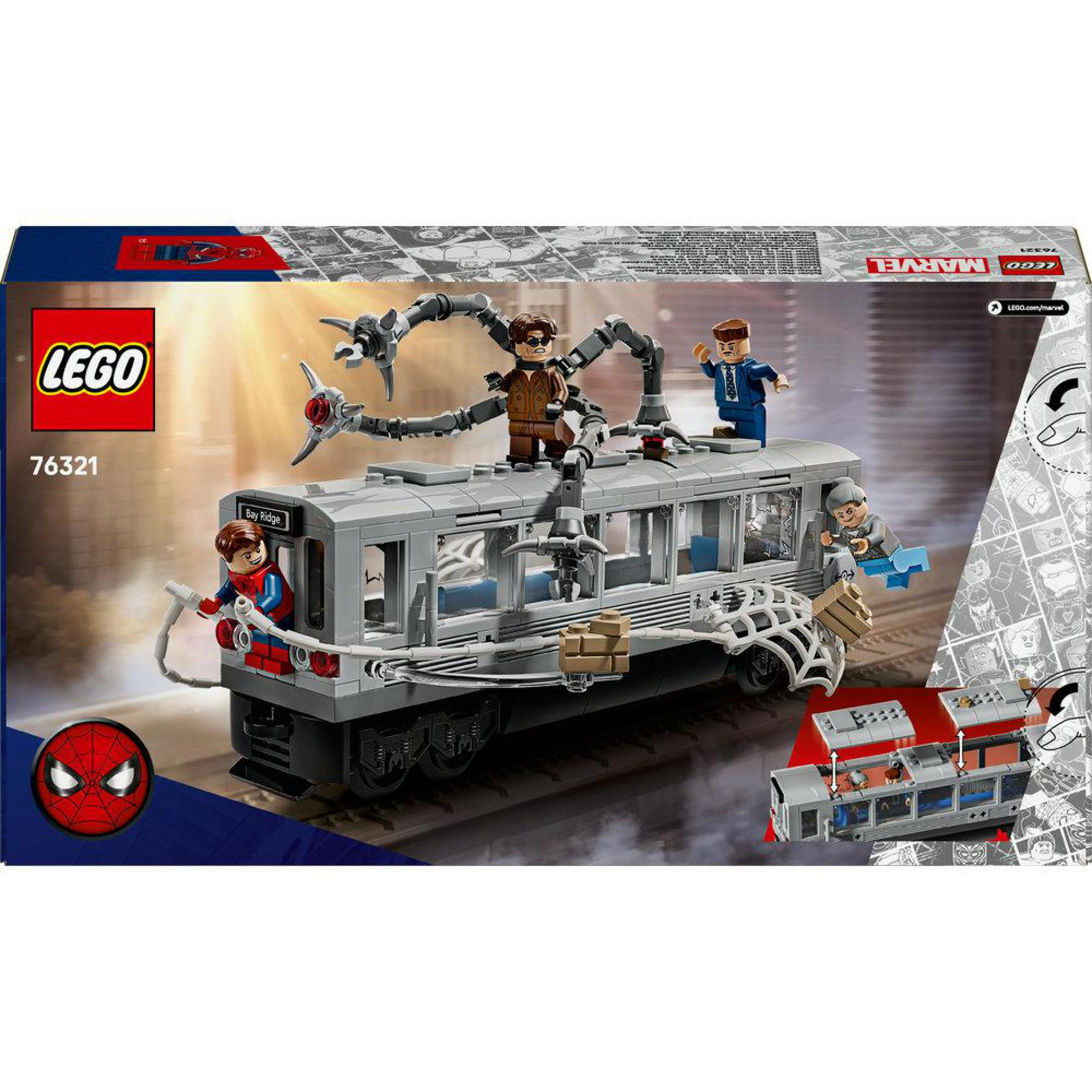 Set de tren LEGO Spider-Man con 5 minifiguras y brazos mecánicos.