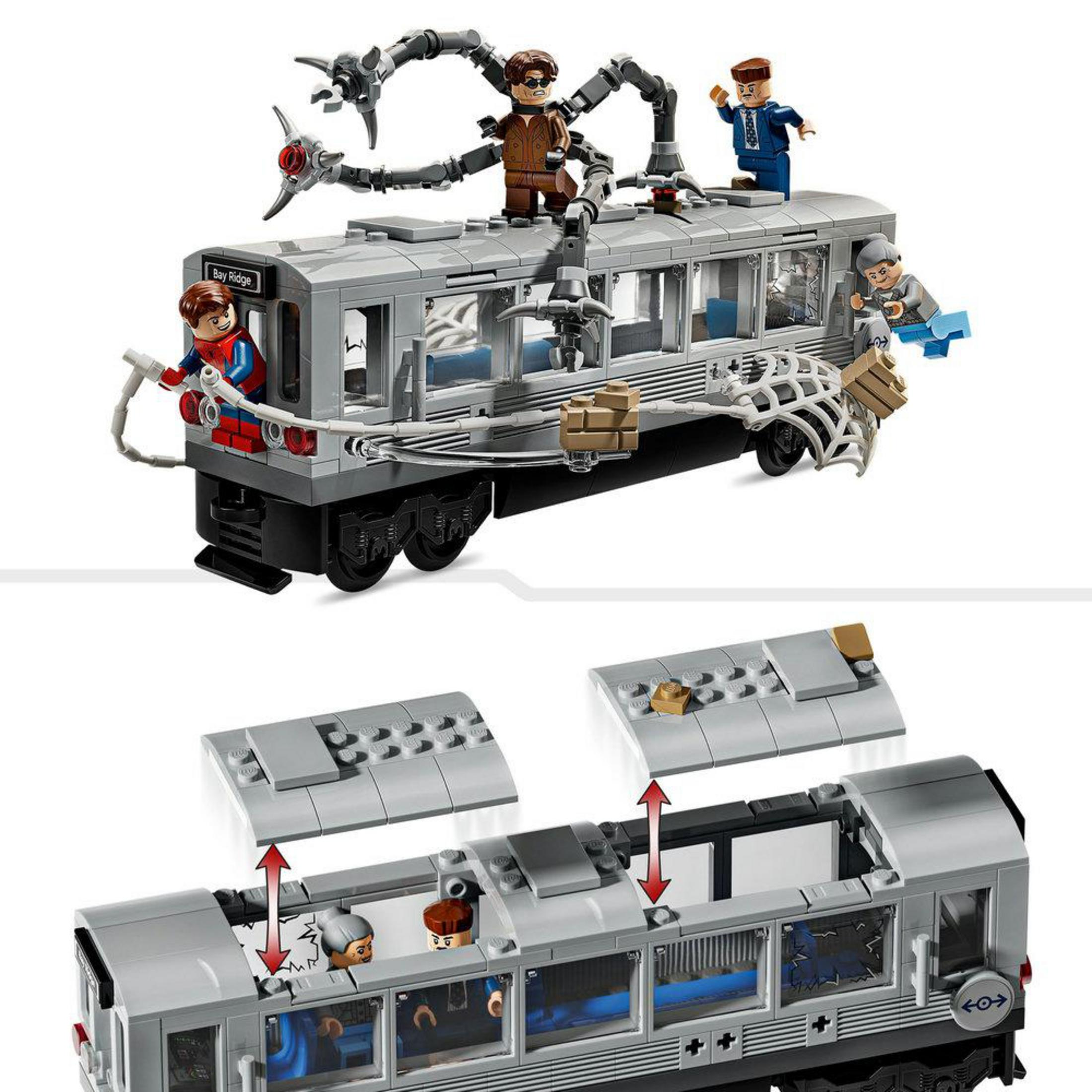 Tren de Lego con Spiderman, Doc Ock y dos pasajeros.