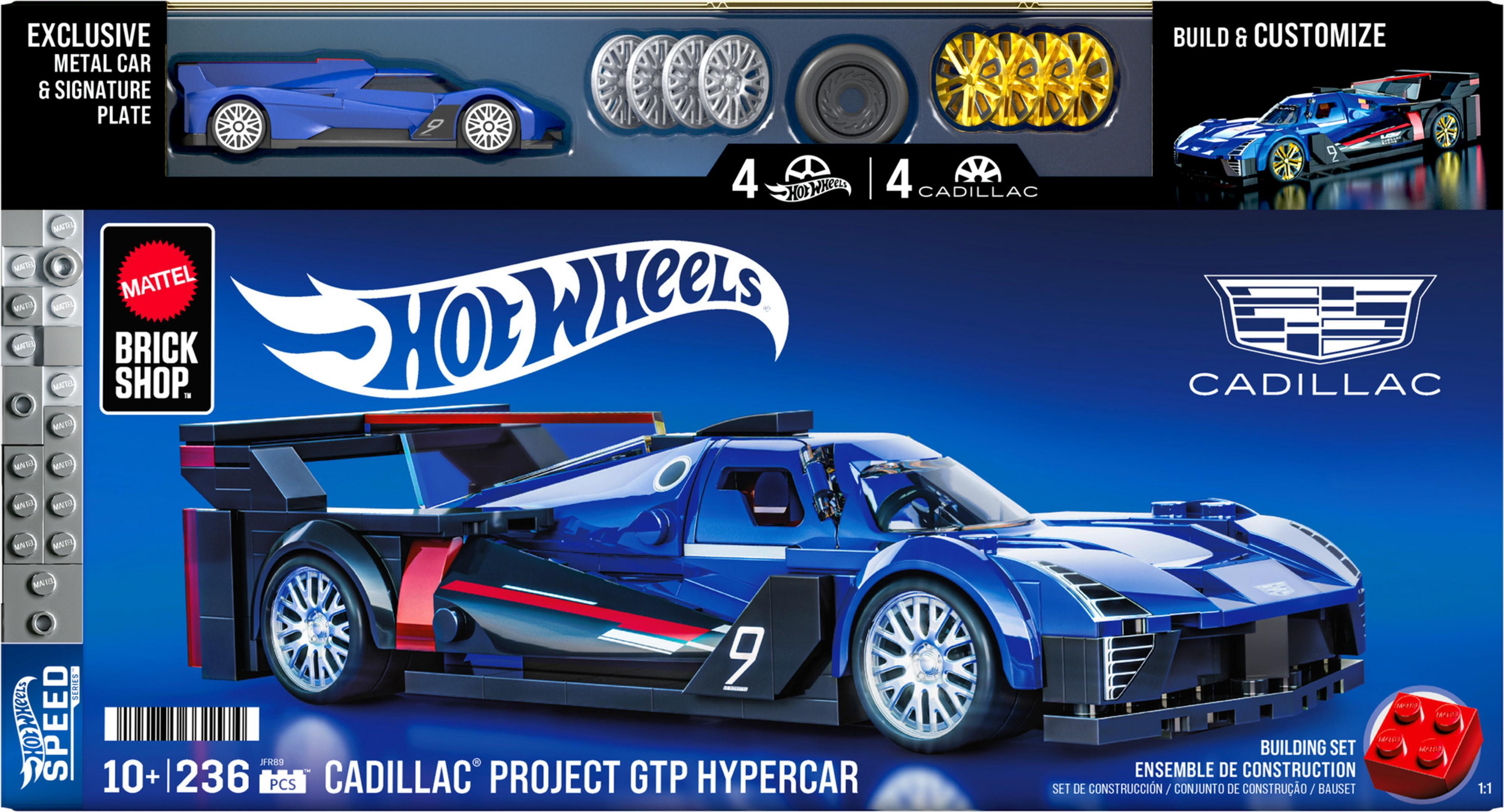 Scatola del set di costruzione: Un'auto da corsa Cadillac GTP Hypercar blu in mattoncini.