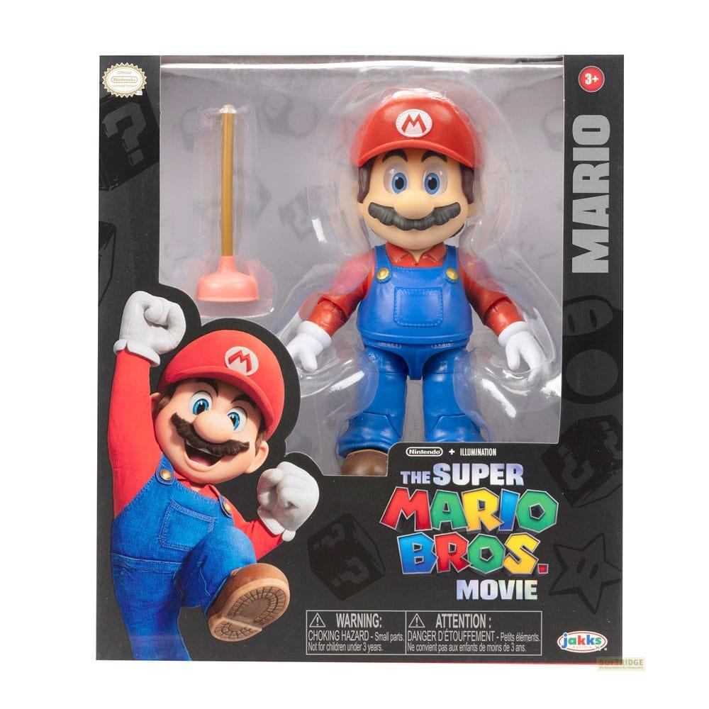 Figura de Mario en caja con accesorio y logo de película.