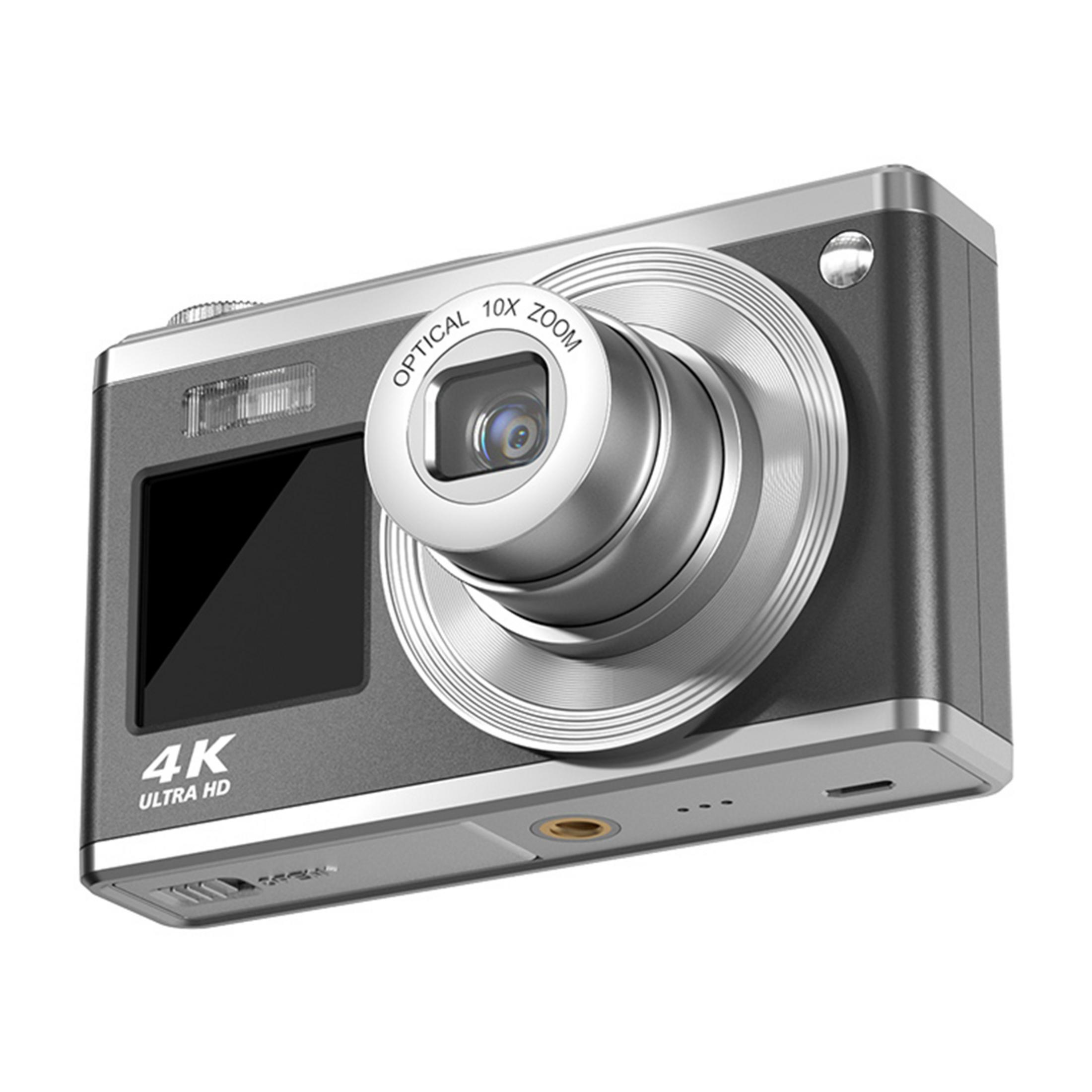 Graue 4K-Ultra-HD-Kamera mit optischem 10-fach-Zoomobjektiv und Blitz.