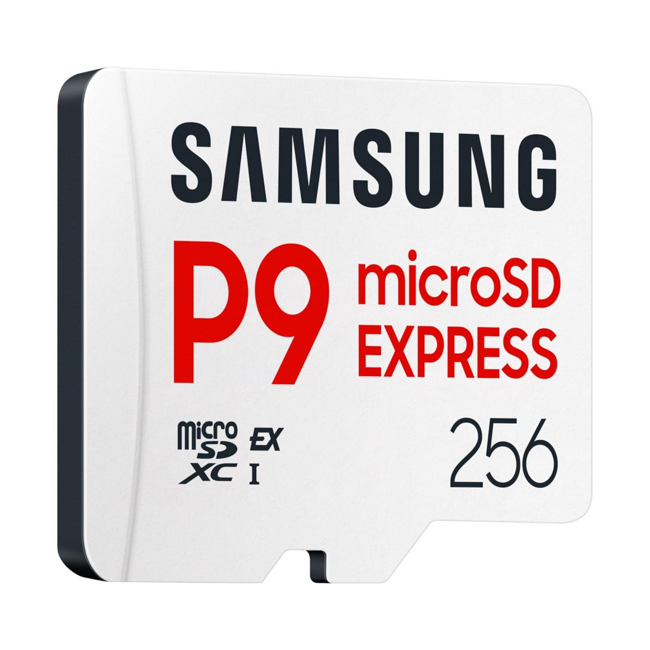 Karta pamięci Samsung P9 microSD EXPRESS 256 GB z czarną ramką.
