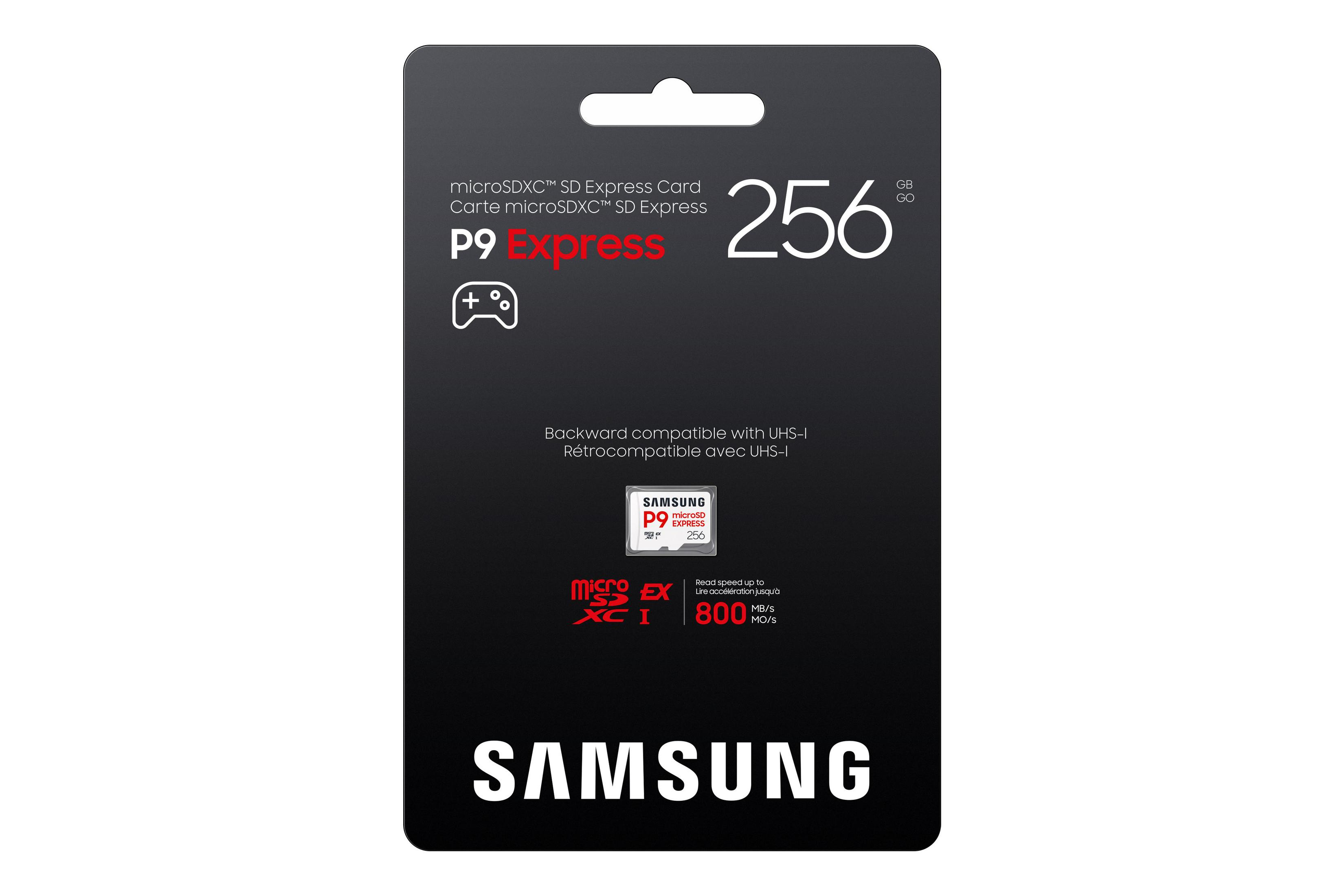 Opakowanie karty microSDXC SD Express 256 GB z logo "P9 Express".