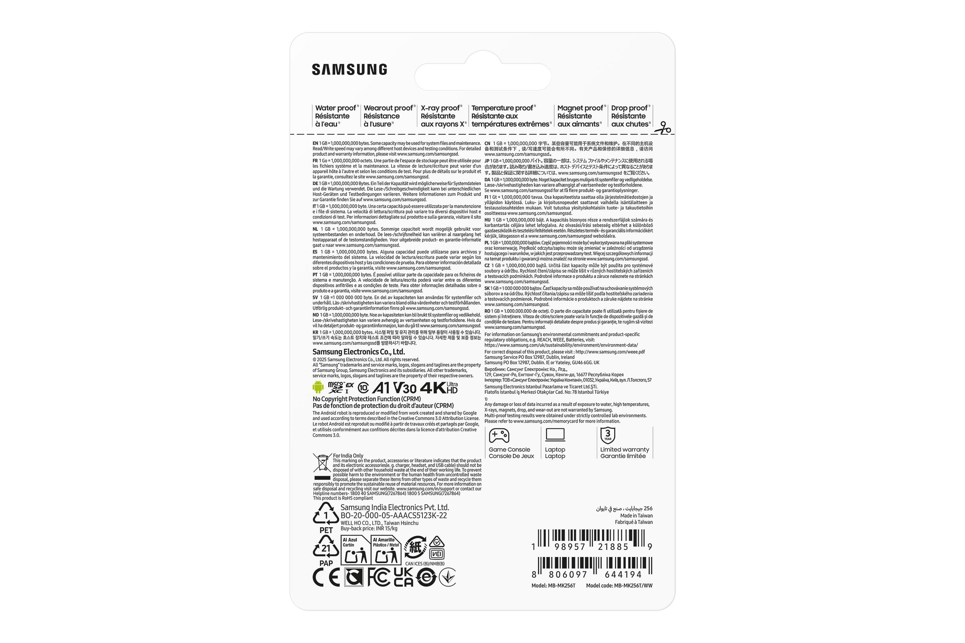 Karta Samsung odporna na wodę, wstrząsy, promienie X, magnesy i temperaturę.