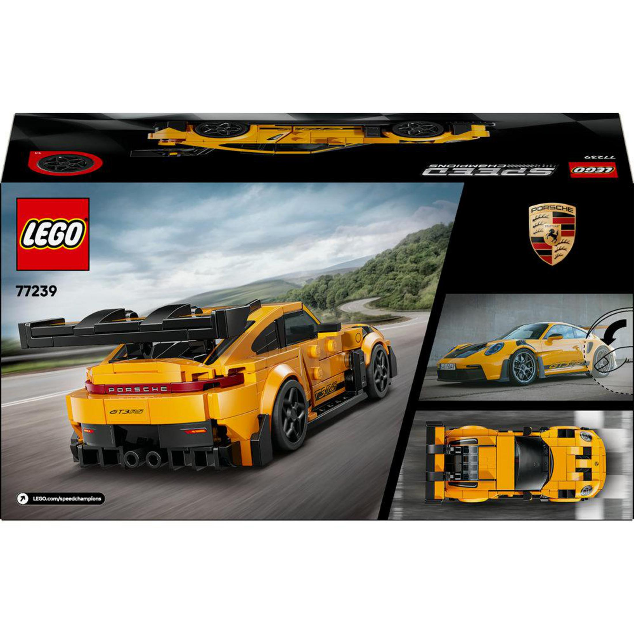 Porsche GT3 RS LEGO giallo su pista, vista posteriore e dall'alto.