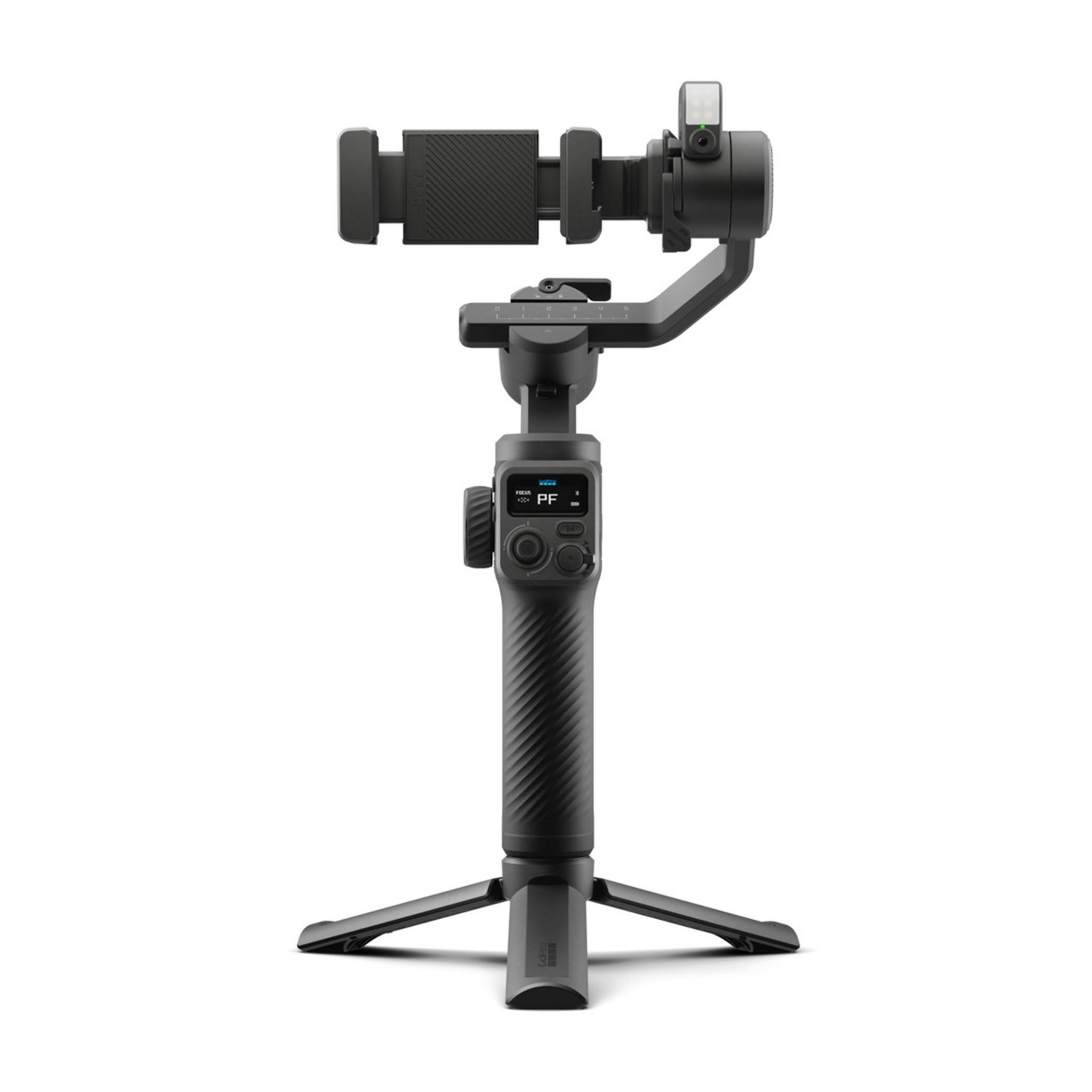 Ein schwarzer Gimbal mit Stativ und Smartphone-Halterung.