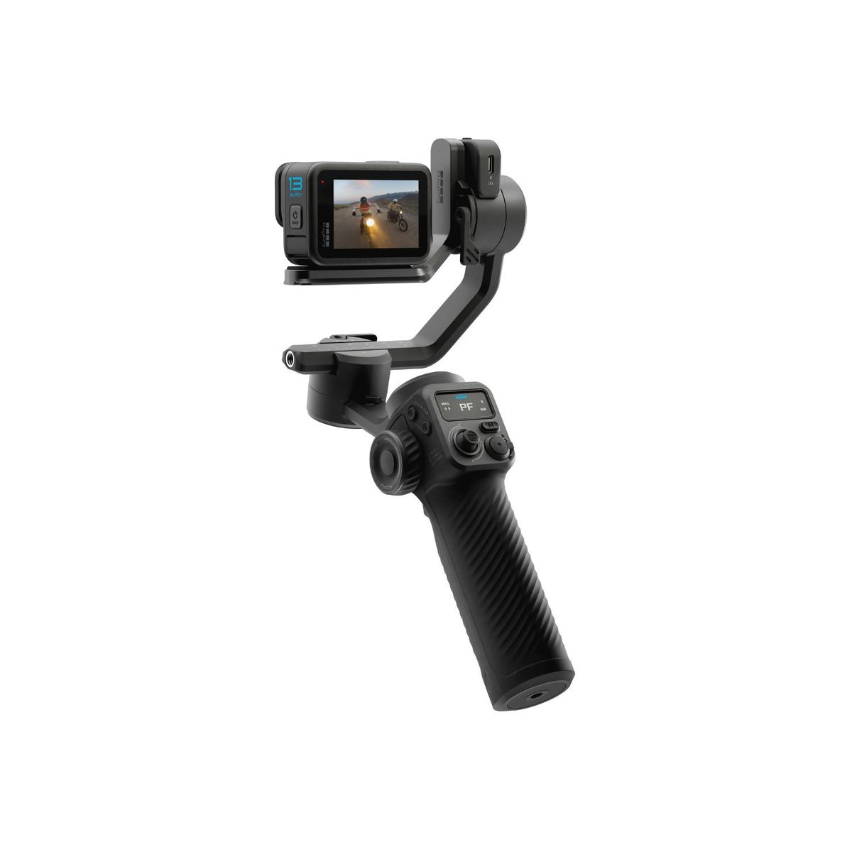 Ein schwarzer Gimbal mit einer Action-Kamera, die ein Motorradrennen zeigt.