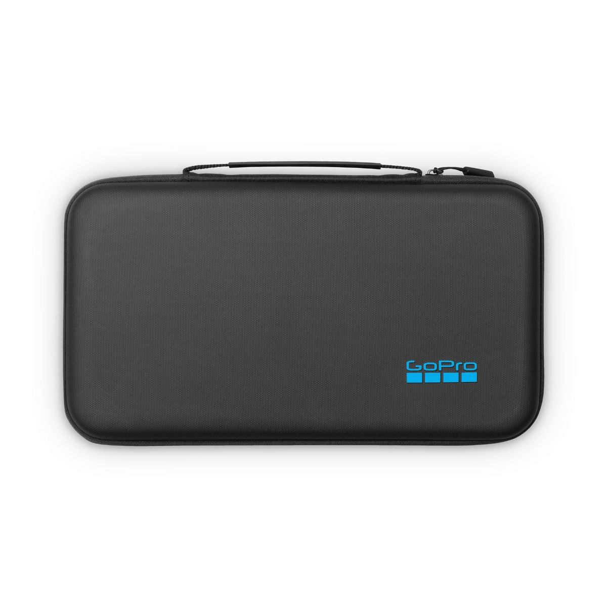 Schwarze GoPro Tasche mit blauem Logo und Reißverschluss.